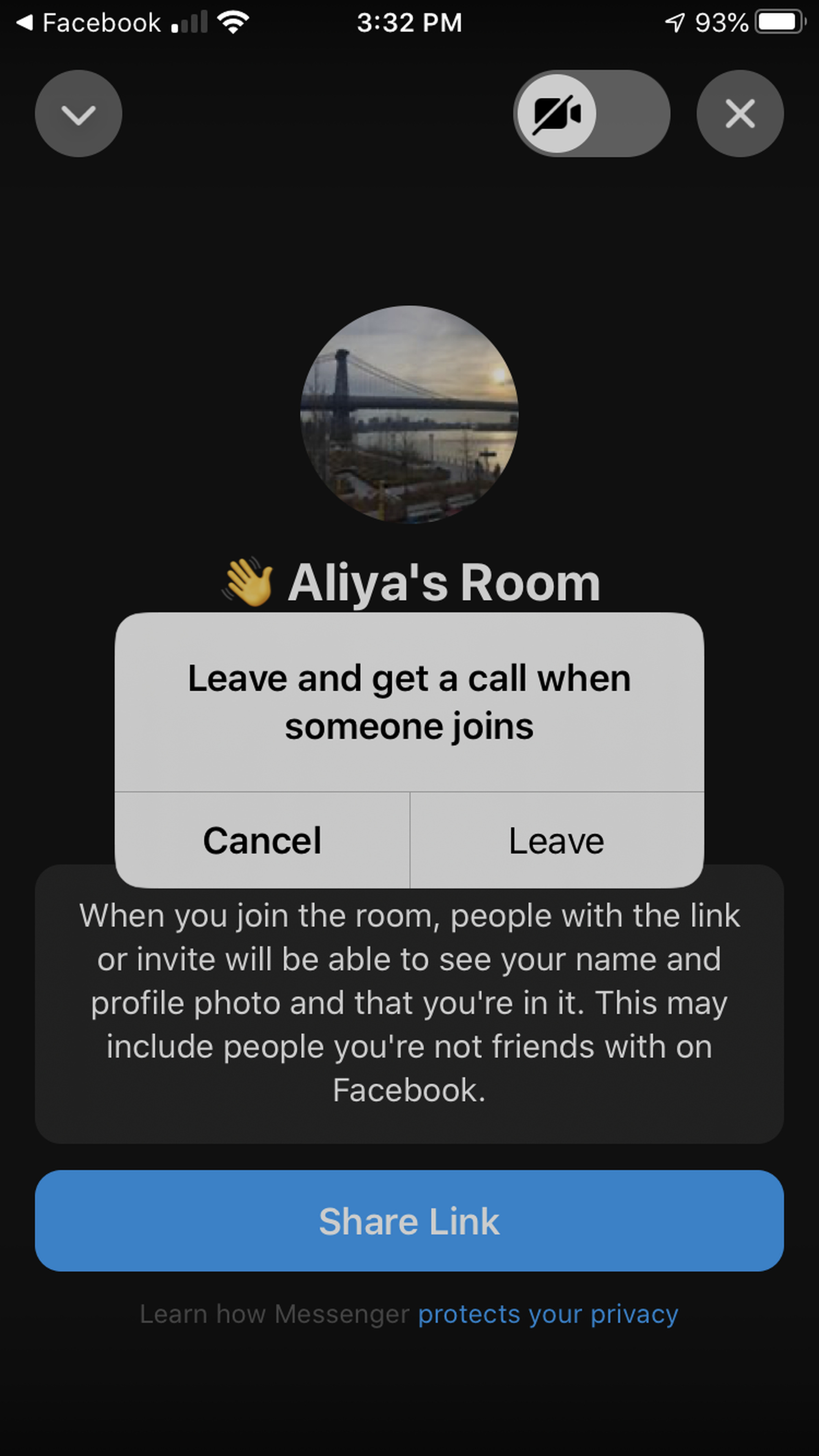 You’ll get a window asking you if you would like to leave the call but get notified when another participant joins. You can tap either “Cancel” or “Leave.”