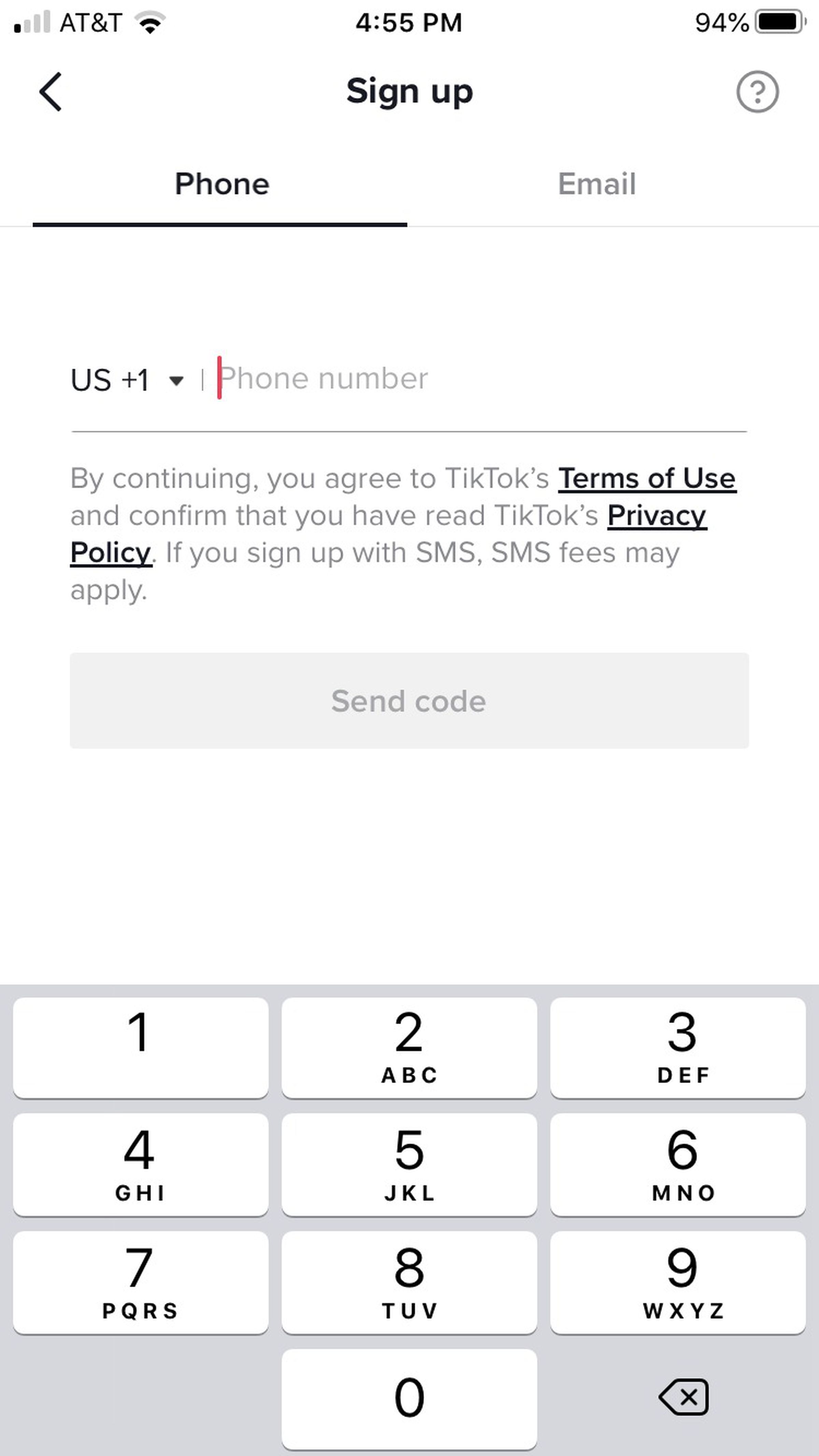 Sign up screen with the tab for using your phone number