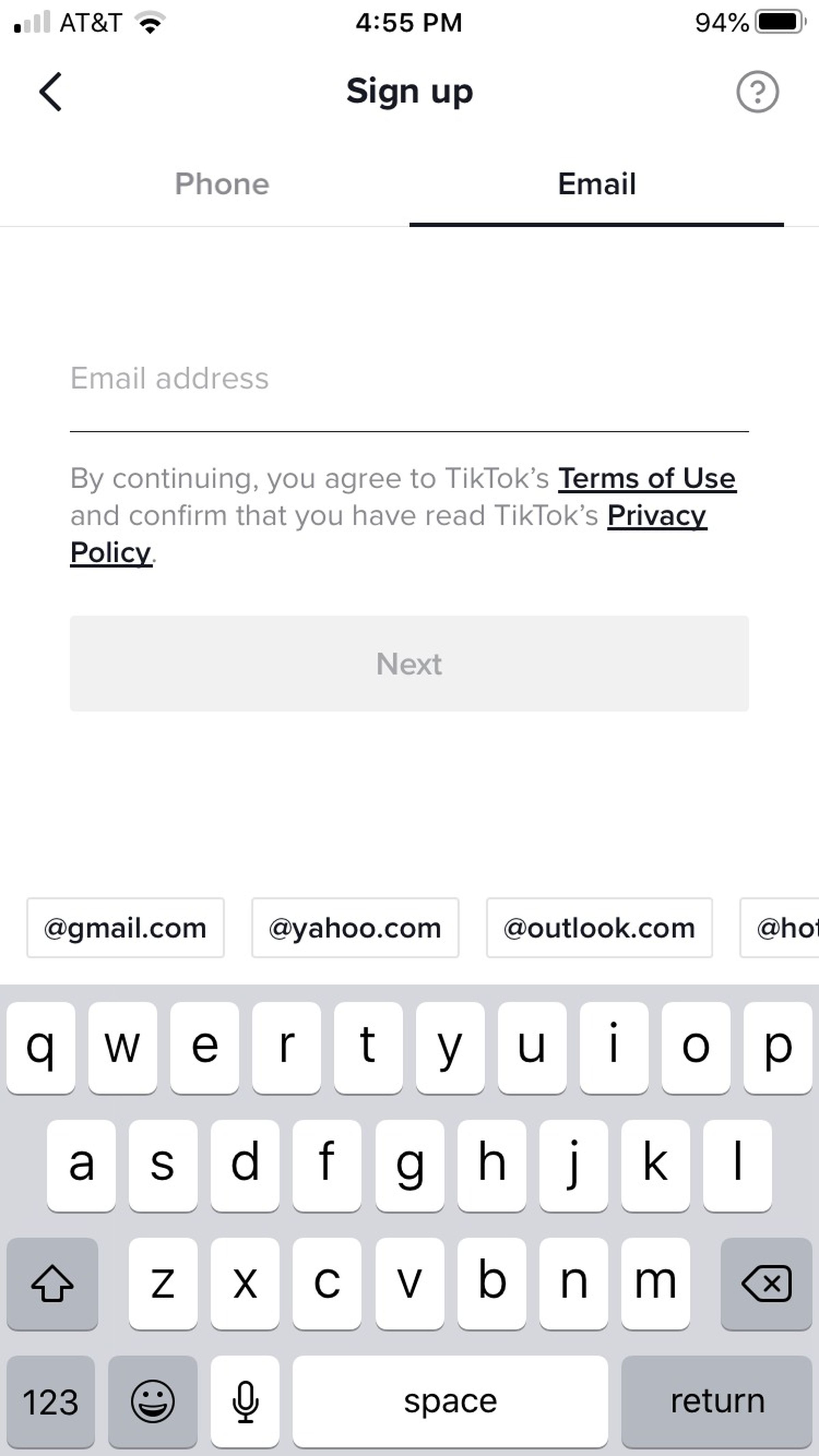 Sign up screen but with the tab for using your email address