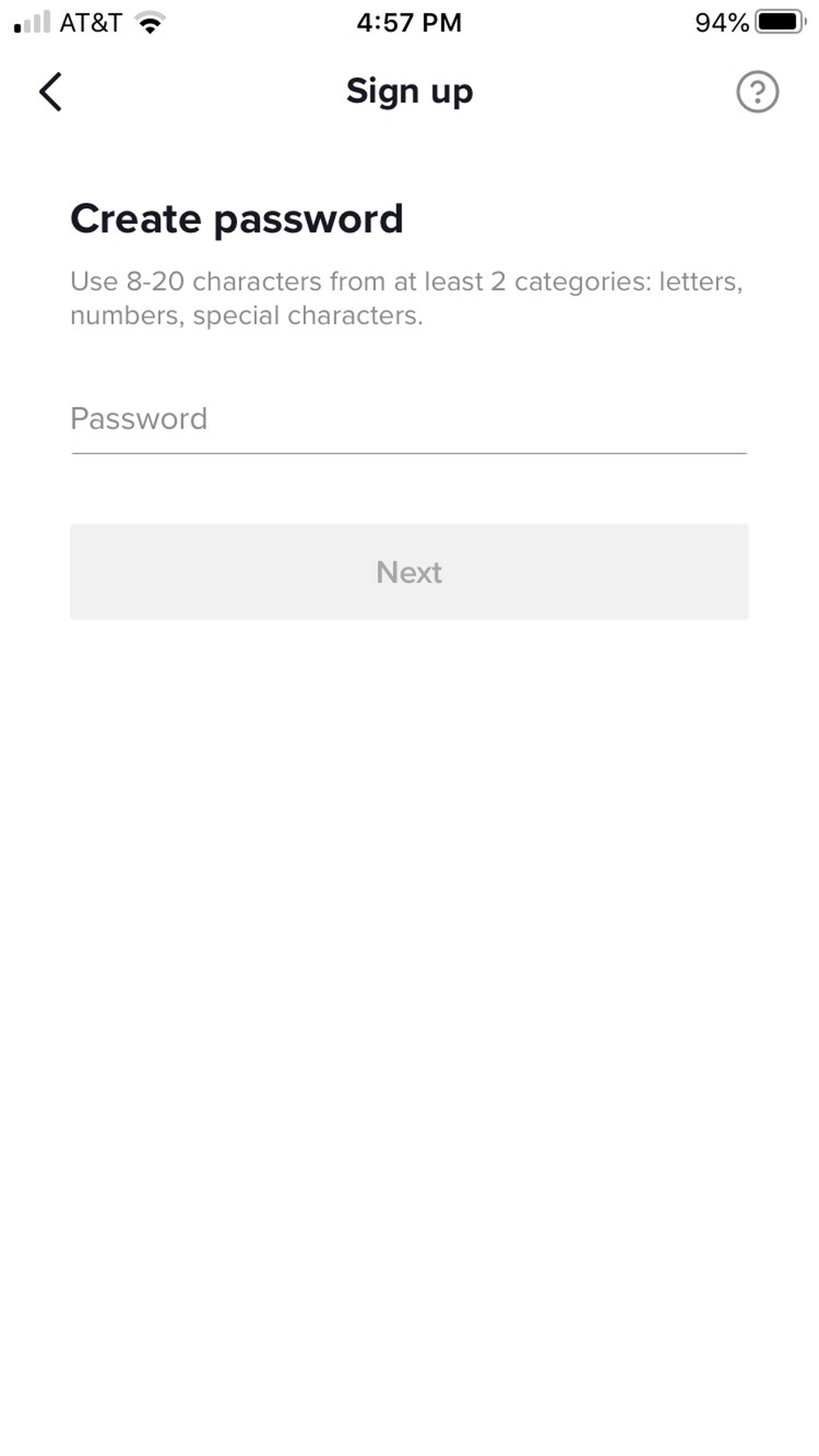 Create password page