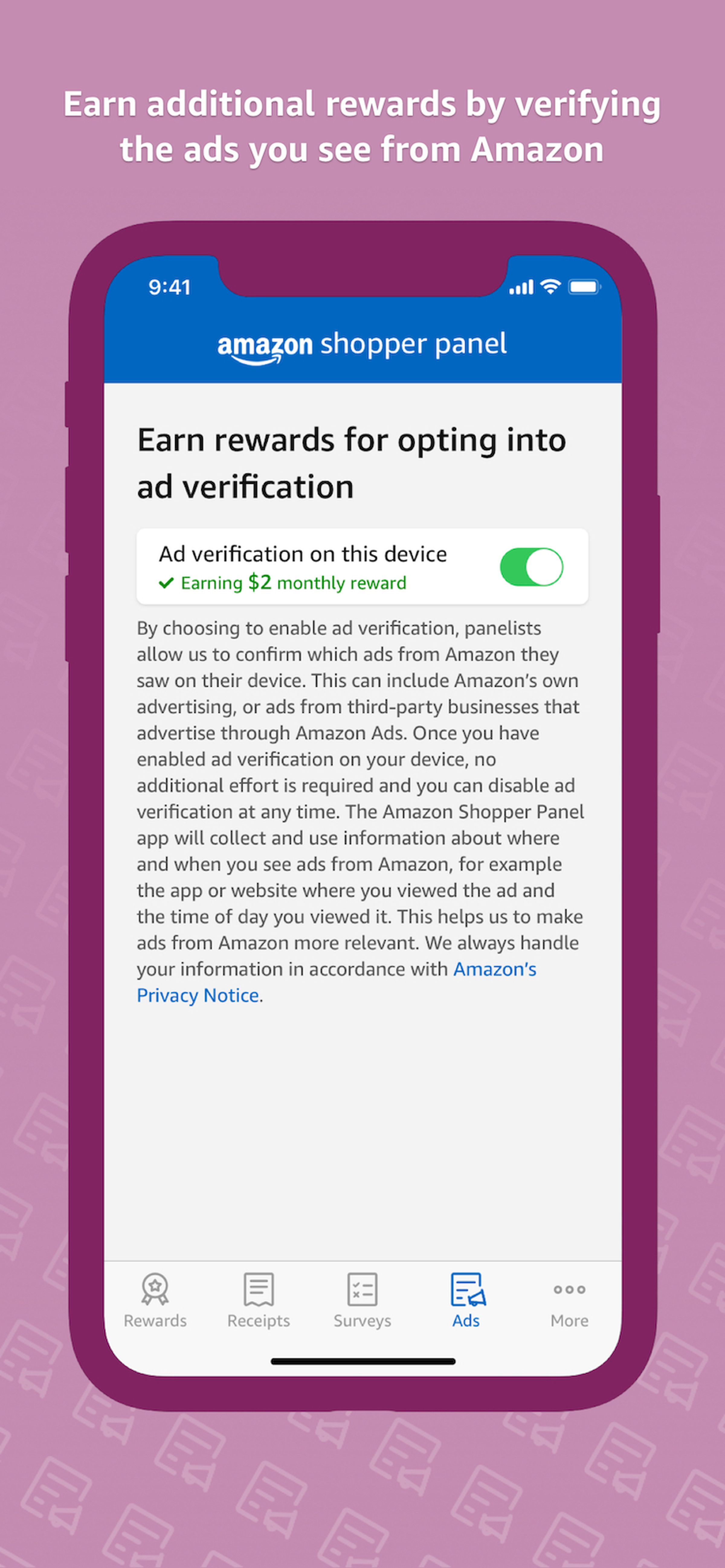 "Reklam doğrulamayı etkinleştirerek ödüller kazanın" ekranının açık olduğu Amazon'un Shopper Panel uygulamasının ekran görüntüsü.