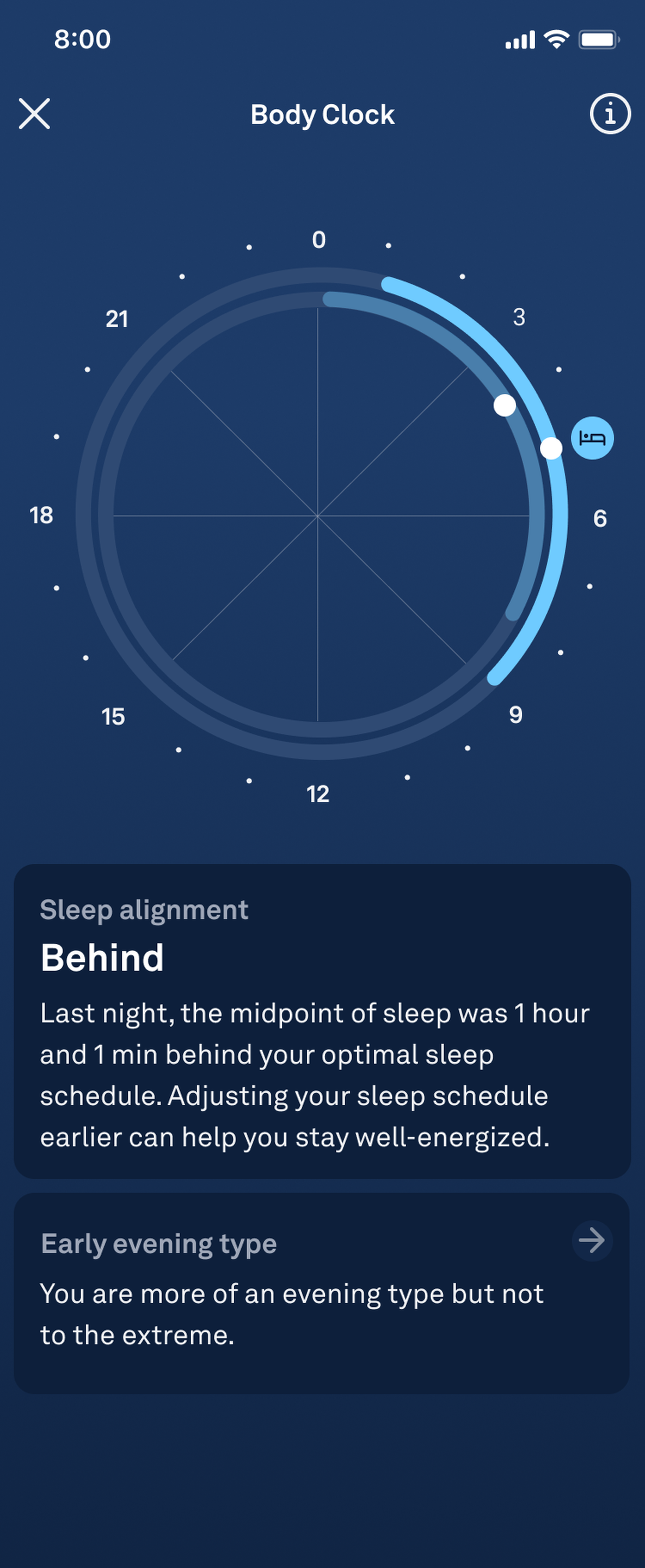 Screenshot of new body clock feature in the Oura app explaining that a person is 1 hour behind their best possible sleep schedule.