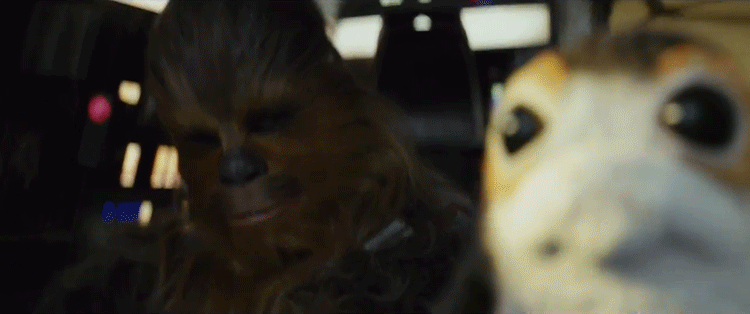 A Porg hitches a ride next to Chewbacca