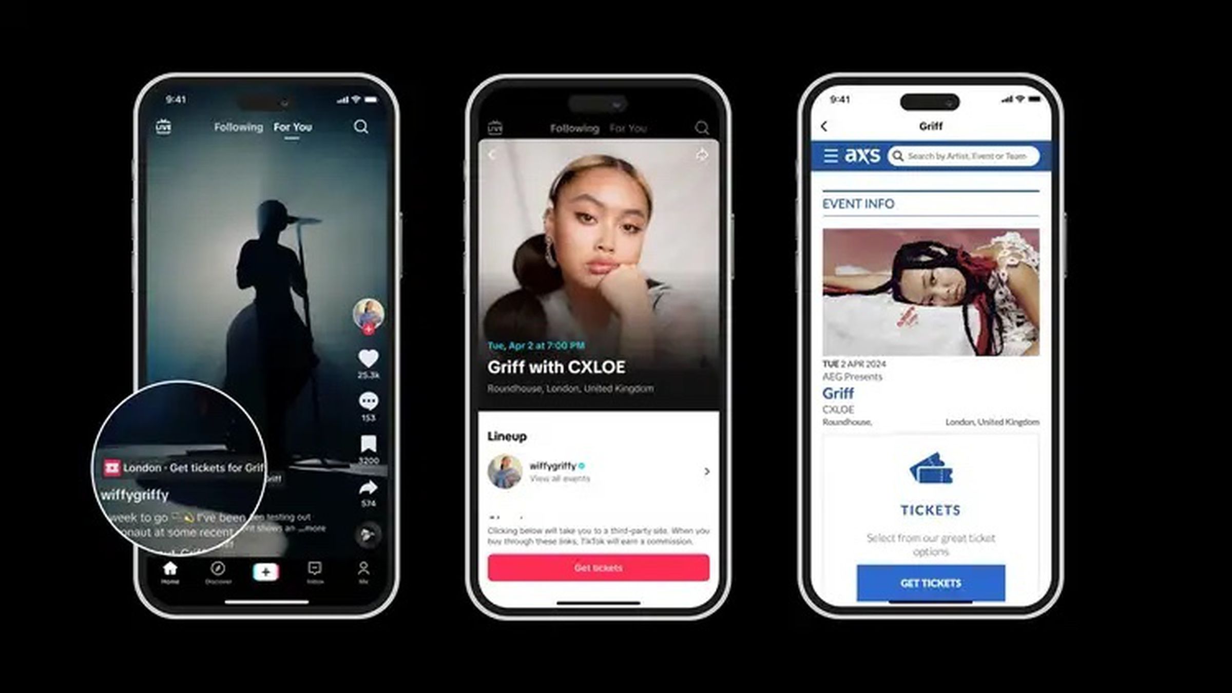 Three phones displaying the stages of purchasing AXS tickets on TikTok.