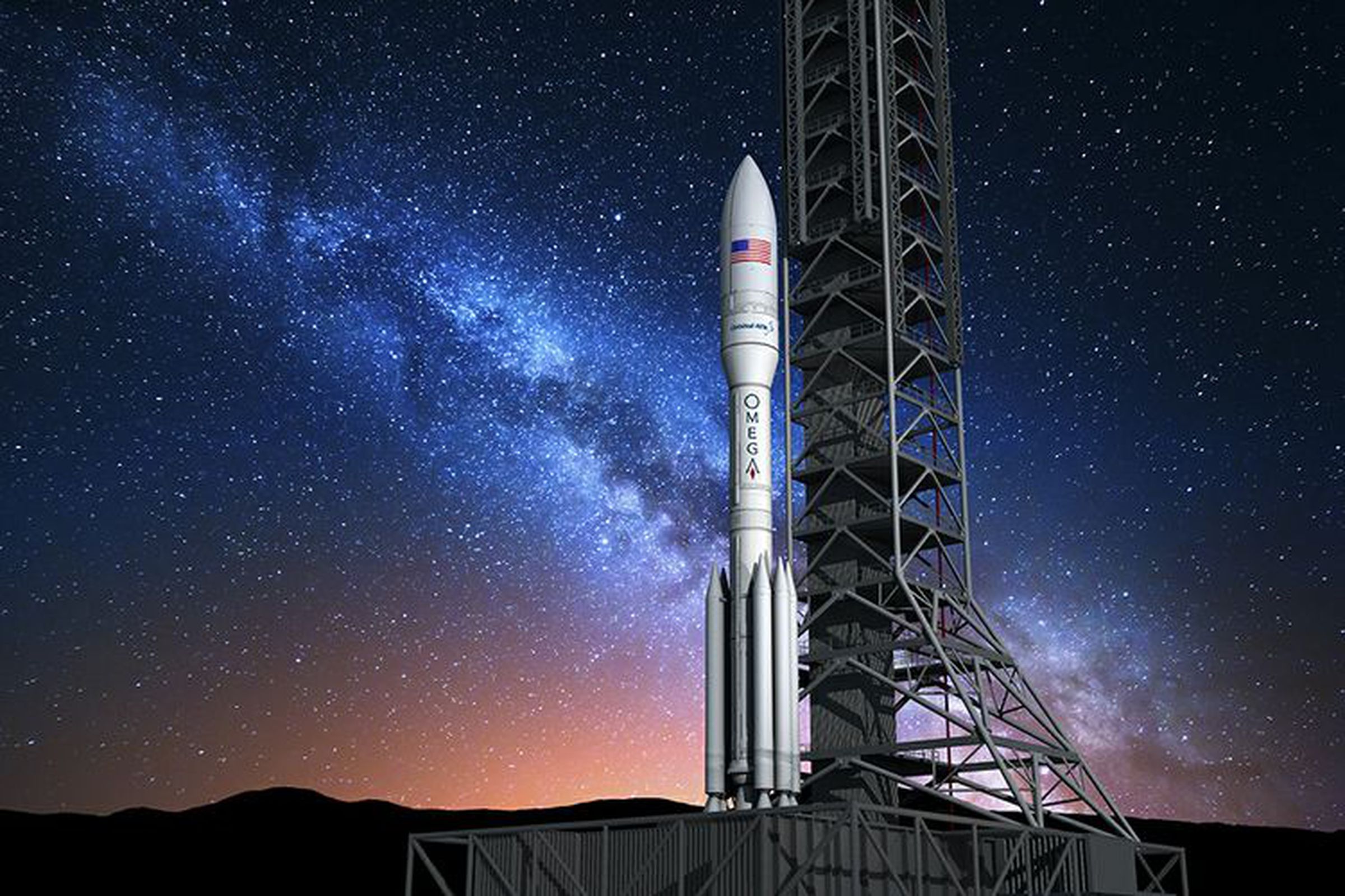 A rendering of Northrop Grumman’s future OmegA rocket on a launch pad