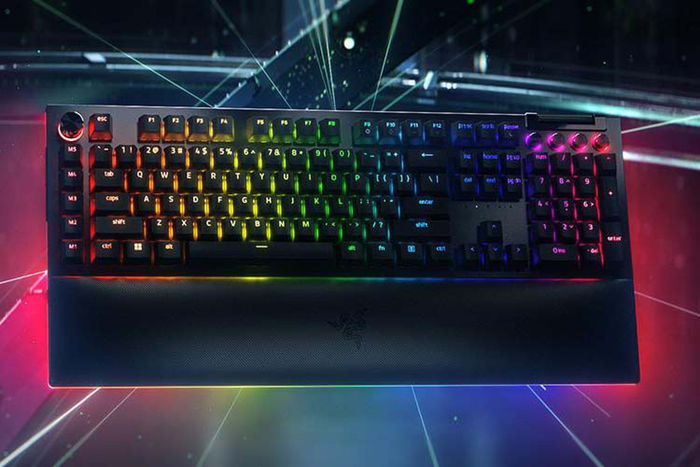 Top-down shot of Razer’s BlackWidow V4 Pro, a full-size RGB keyboard with a left macro row, seven programmable buttons, a horizontal encoder, and a rotary dial.