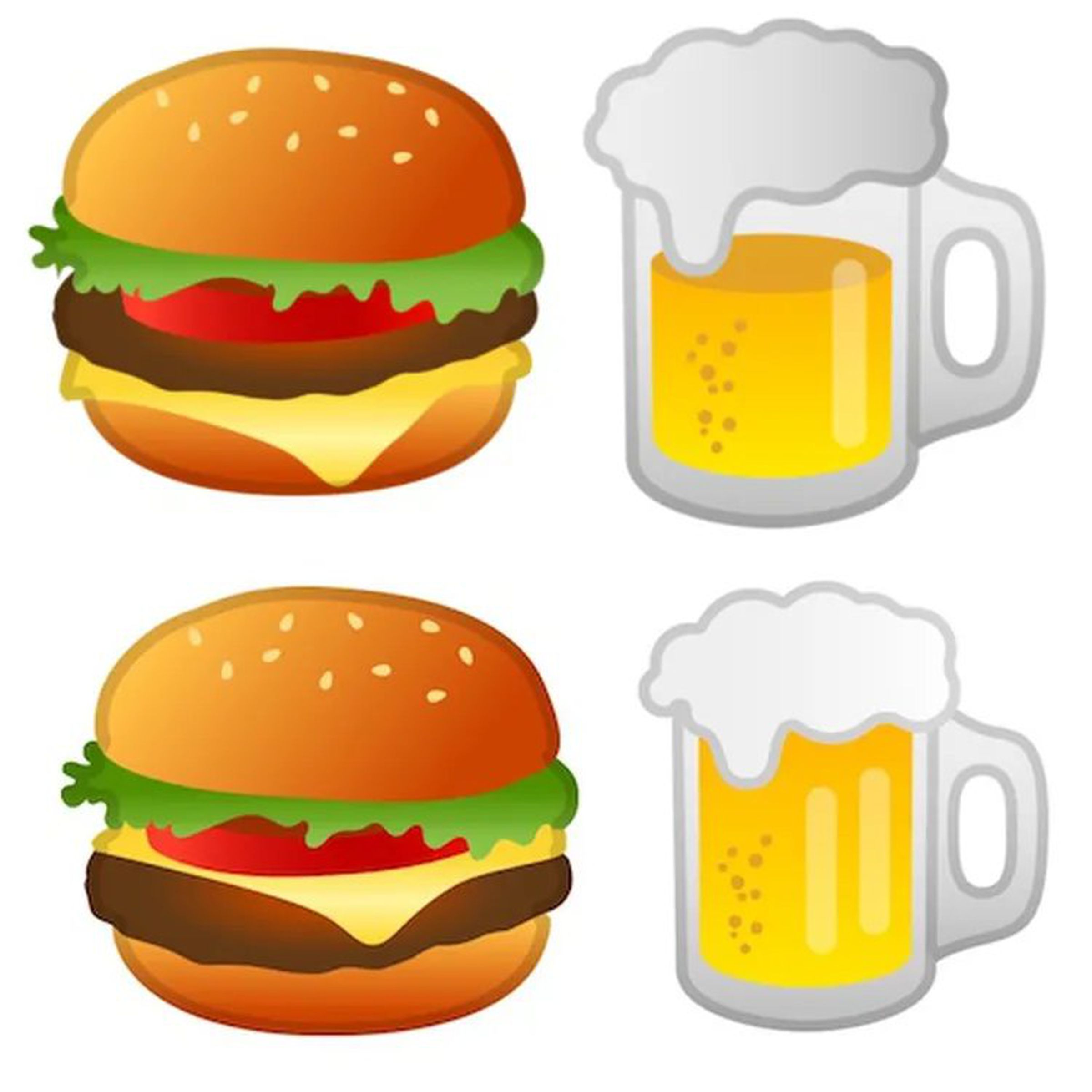 A picture of two sets of emoji, showing that the original Android 8 “cheeseburger” emoji had the cheese under the burger until it was fixed, while the emoji for beer was half-empty with foam floating at the top for no reason.
