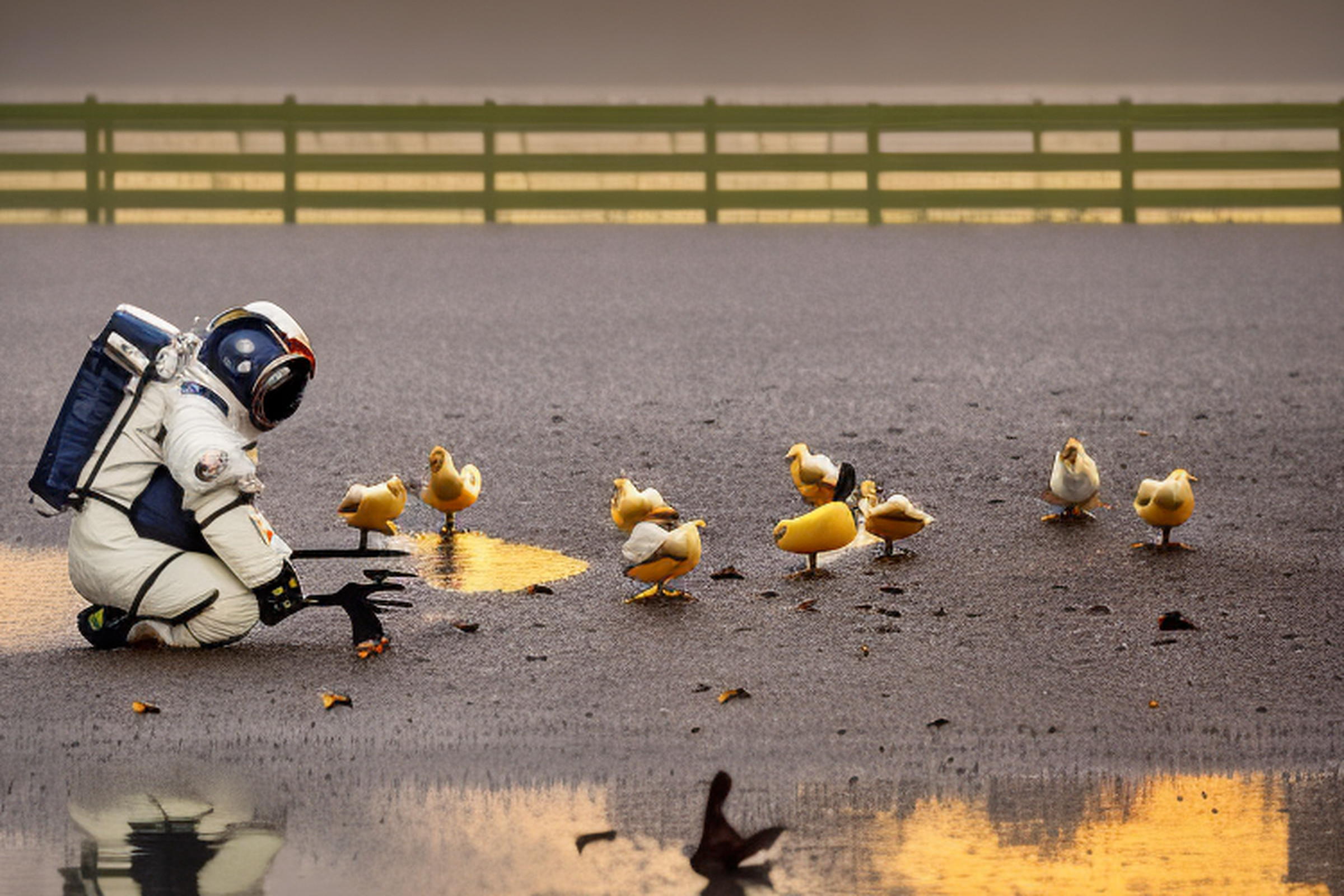 An AI-generated image of a person in a spacesuit crouching next to a puddle and a group of ducks. 