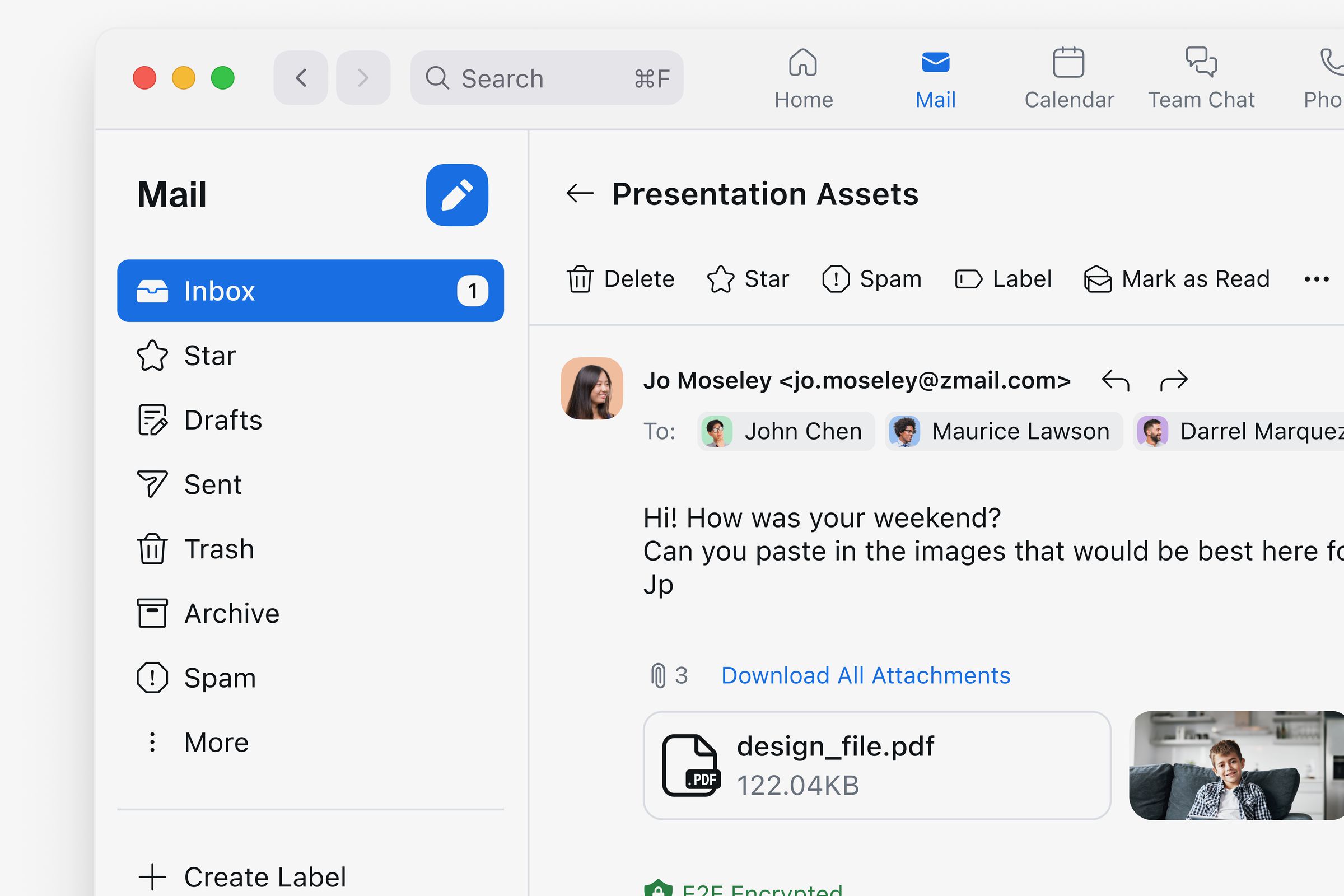 Zoom mail application is built into Zoom One, there’s tabs on top for Mail, Calendar, Meetings, Team Chat, and more. The side bar has Inbox, drafts, and more email app folders, and the main body is an email thread.