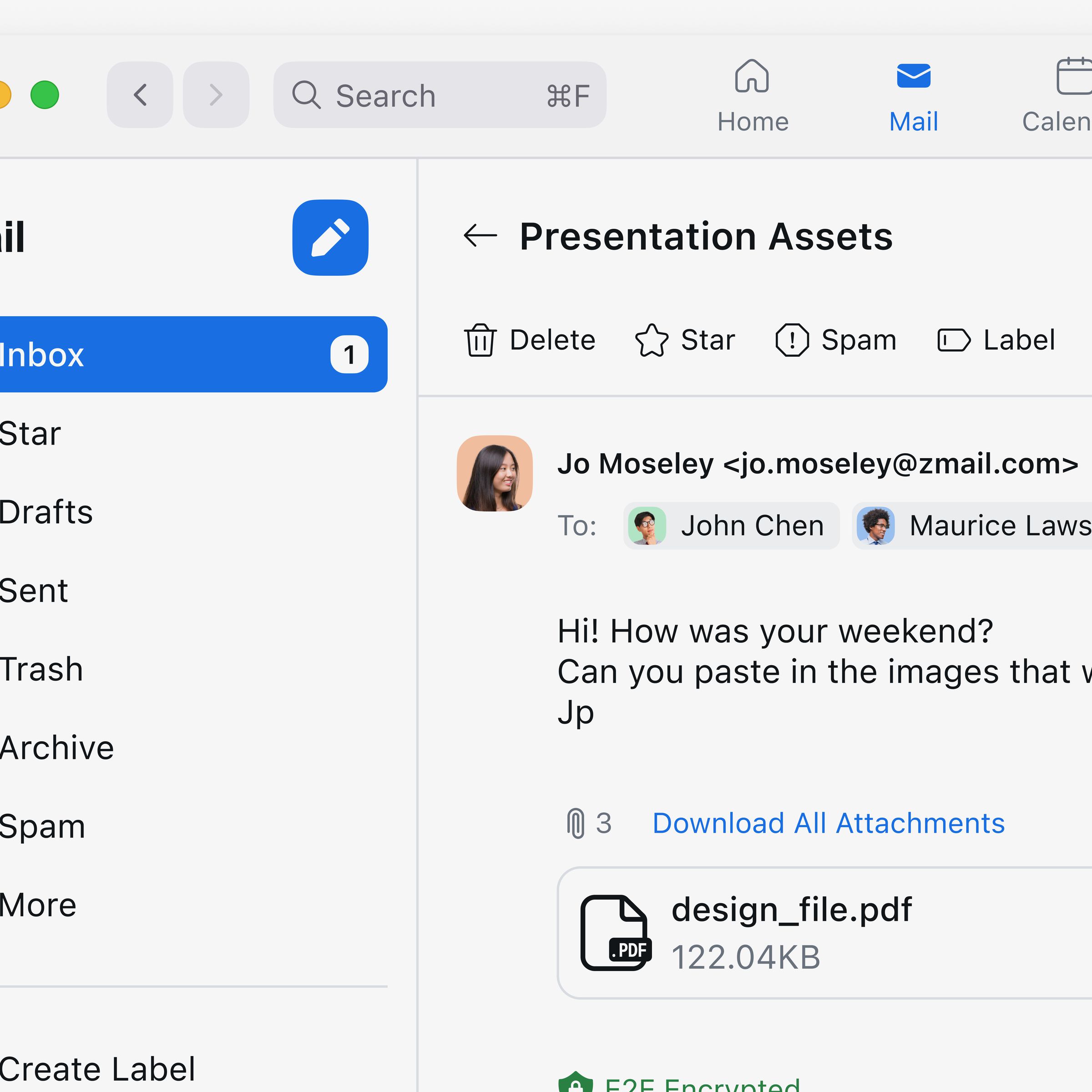Zoom mail application is built into Zoom One, there’s tabs on top for Mail, Calendar, Meetings, Team Chat, and more. The side bar has Inbox, drafts, and more email app folders, and the main body is an email thread.