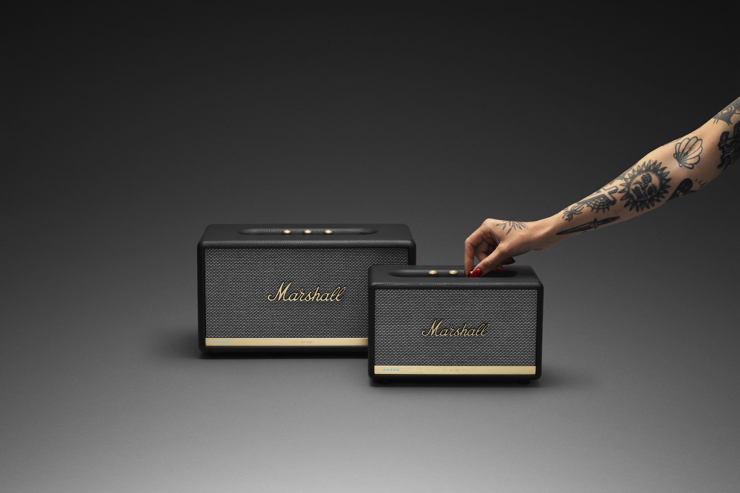 Marshall Headphone’s new Stanmore II Voice (left) and Acton II Voice (right) speakers.
