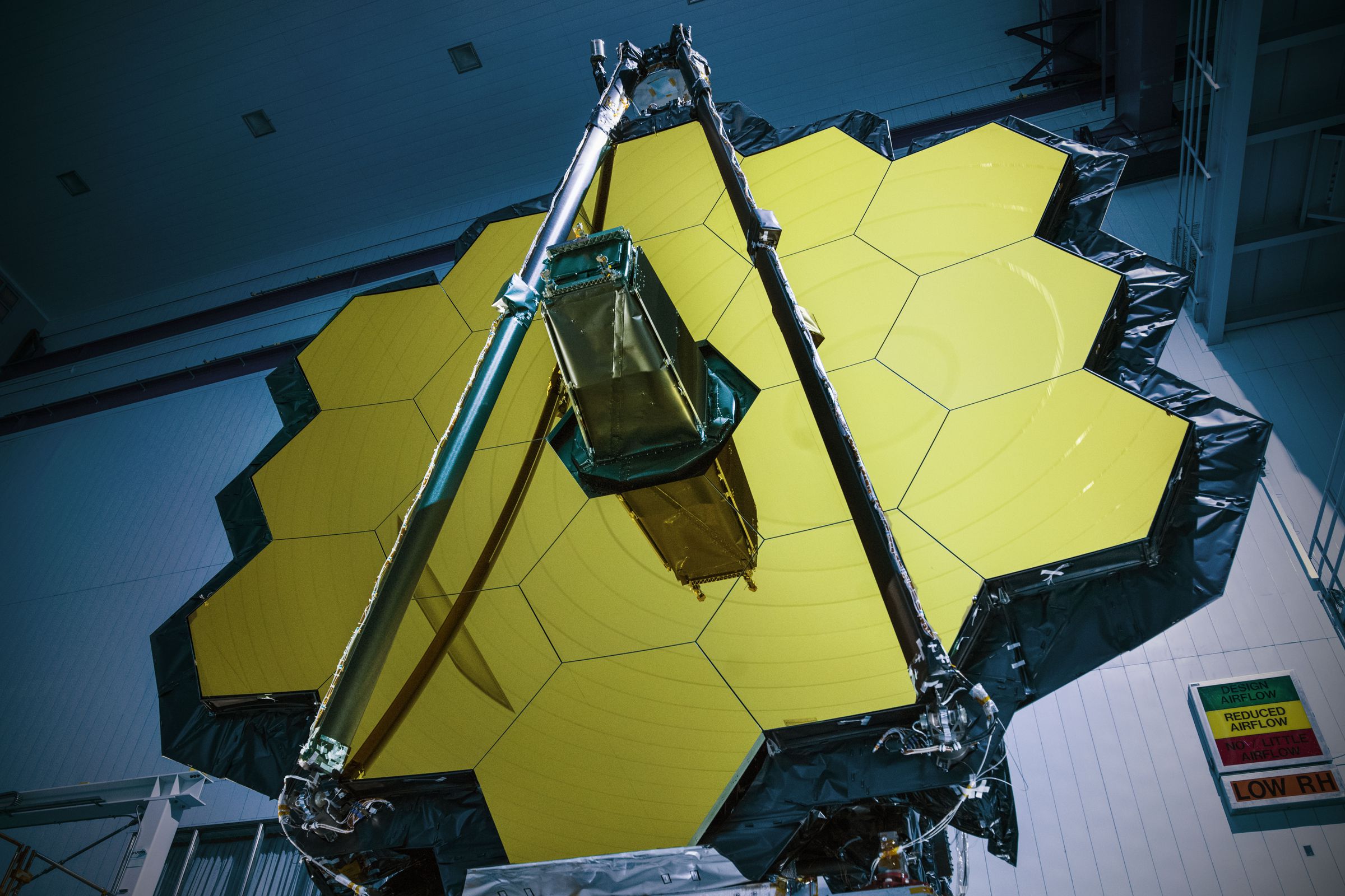 The mirror of NASA’s James Webb Space Telescope at the agency’s Goddard Space Flight Center.