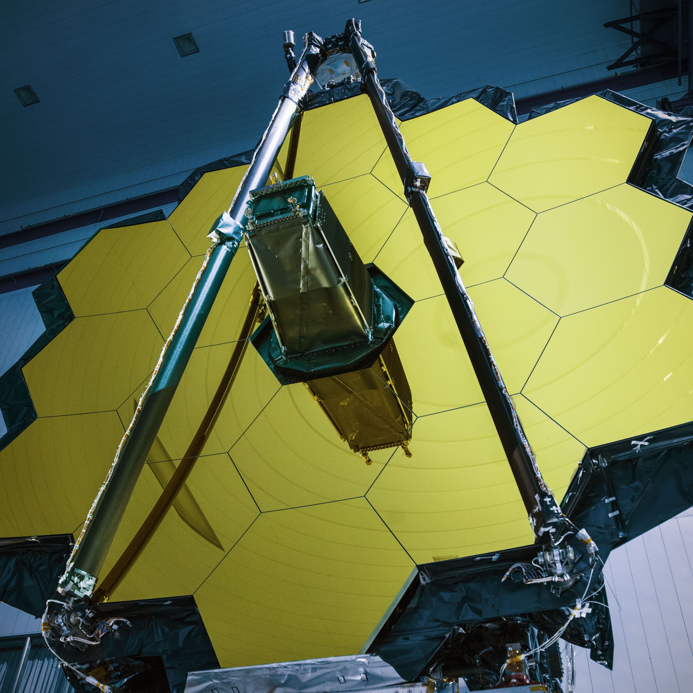 The mirror of NASA’s James Webb Space Telescope at the agency’s Goddard Space Flight Center.