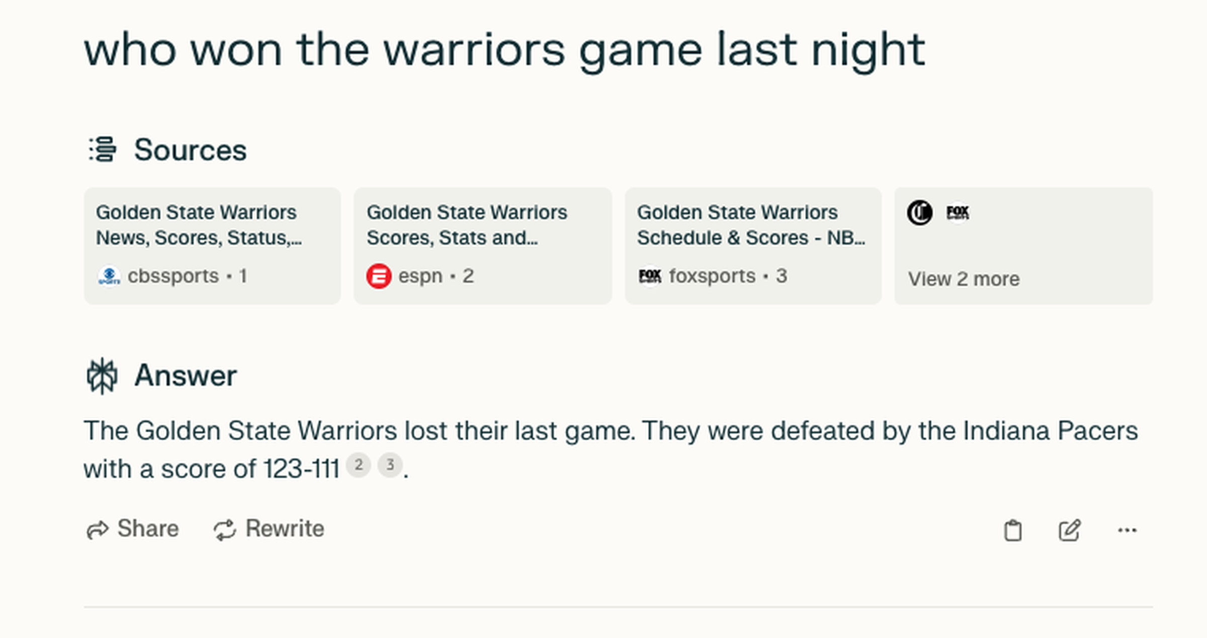 A screenshot of Perplexity showing a search result for Warriors scores.