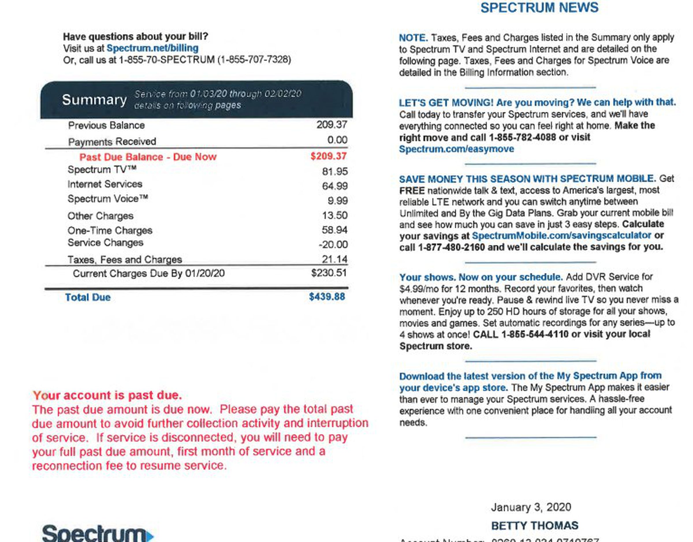 Charter Spectrum bill marked “past due” sent to Betty Thomas in 2020, after she was murdered.