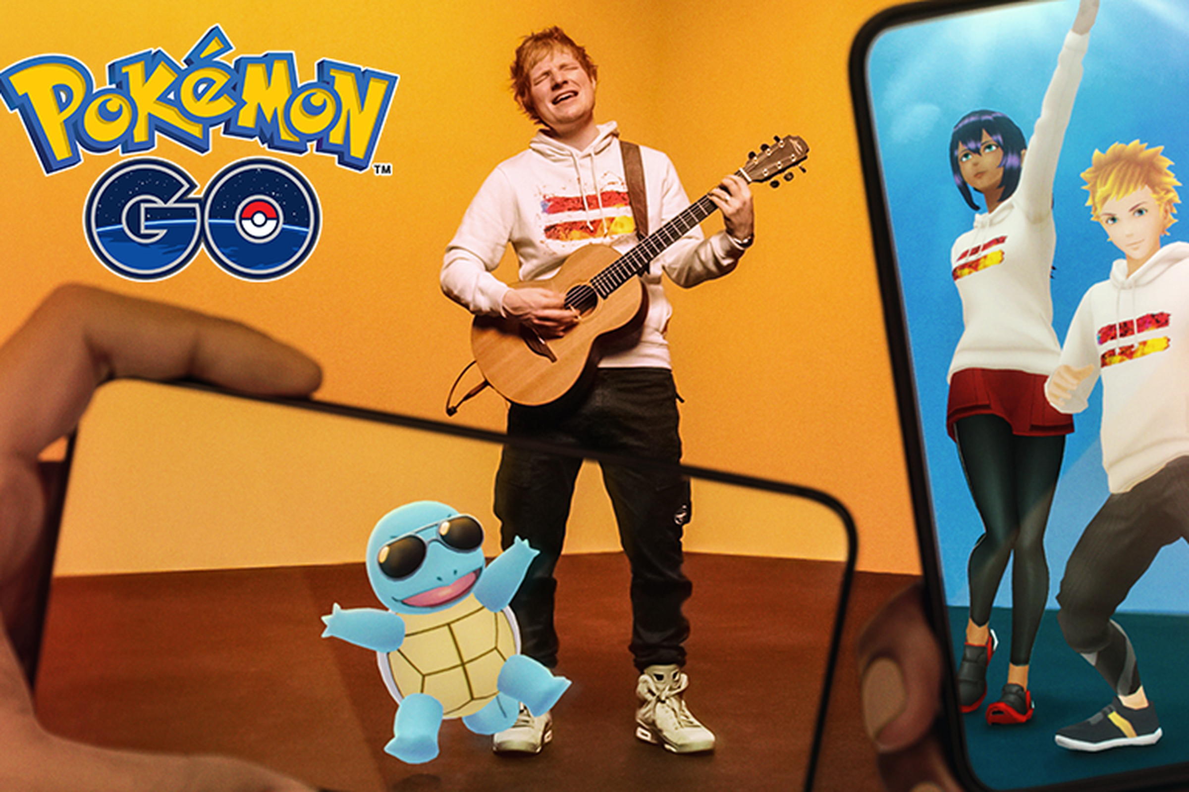 Ed Sheeran (right) serenades a Squirtle with sunglasses (left). 