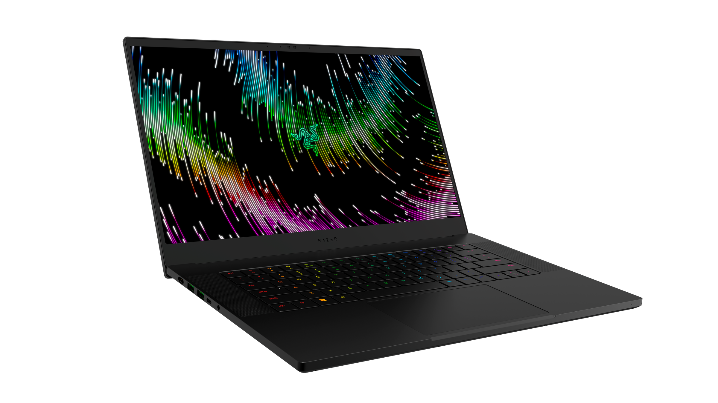 The Razer Blade 15 angled to the right and open on a white background, displaying a multicolored desktop.
