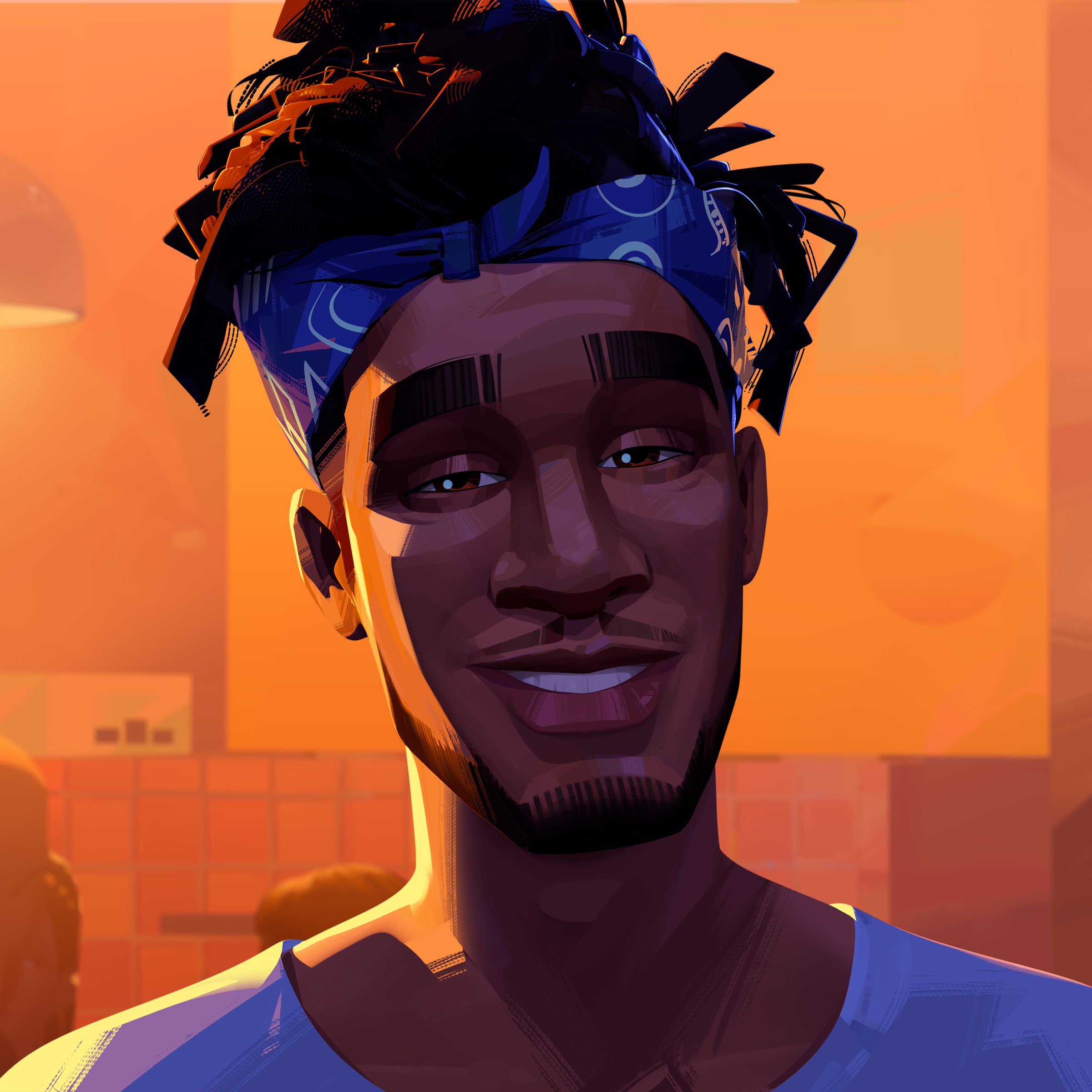 A man with locked hair tied up in a bandana standing in a warmly-lit room where a party’s taking place.