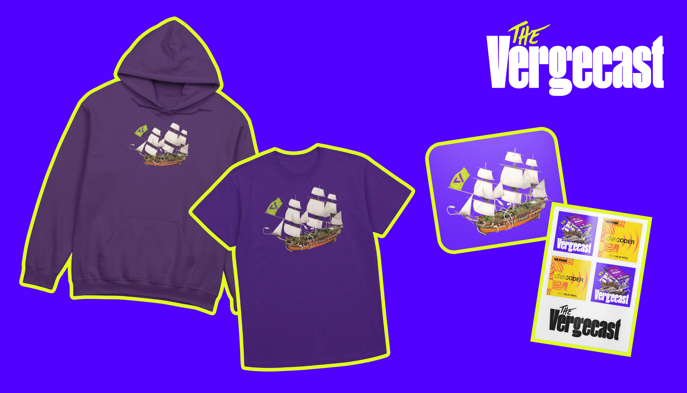 Vergecast hoodie, t-shirt, mousepad, and sticker sheet also featuring Decoder