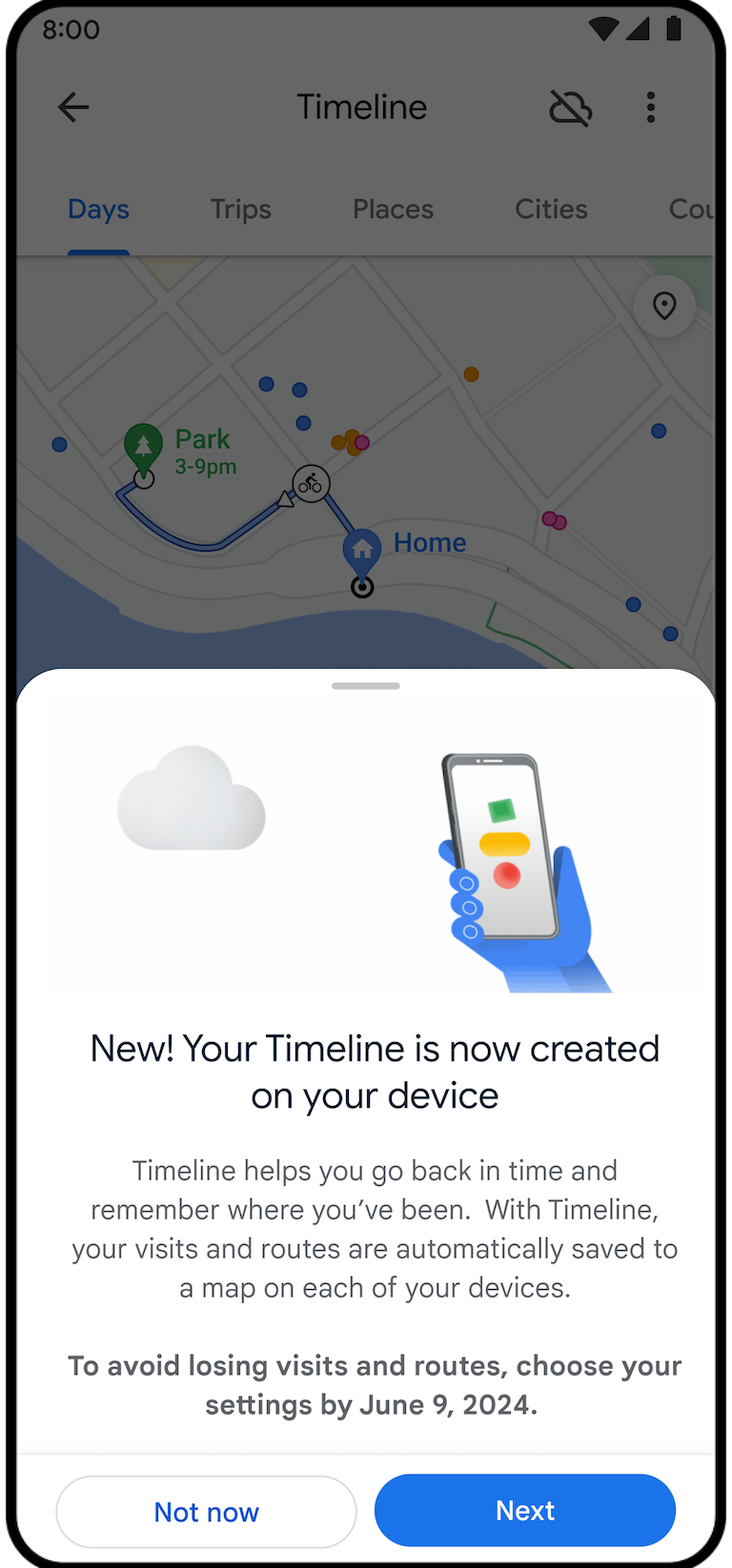 Now you can store your location history Timeline right on your device.