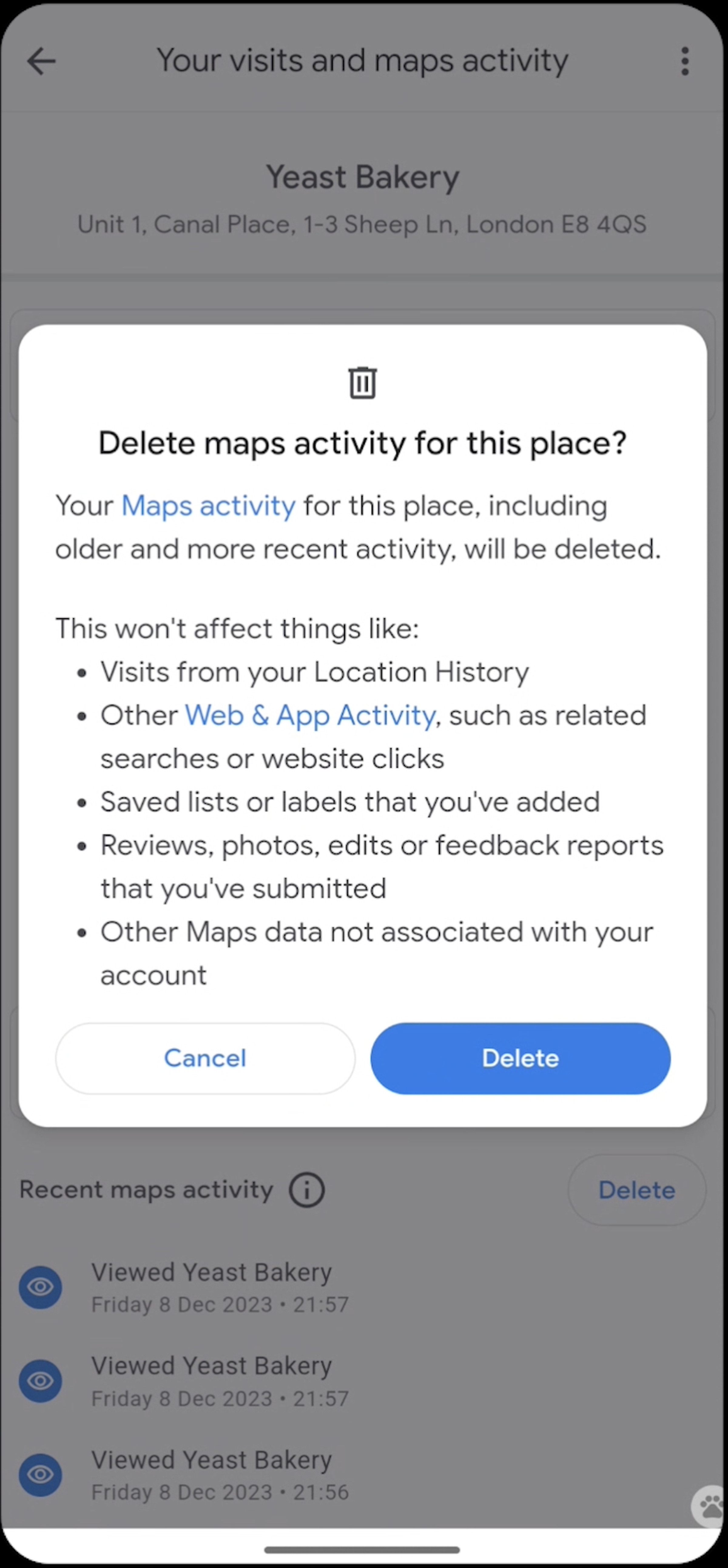 Deleting activity for a place.