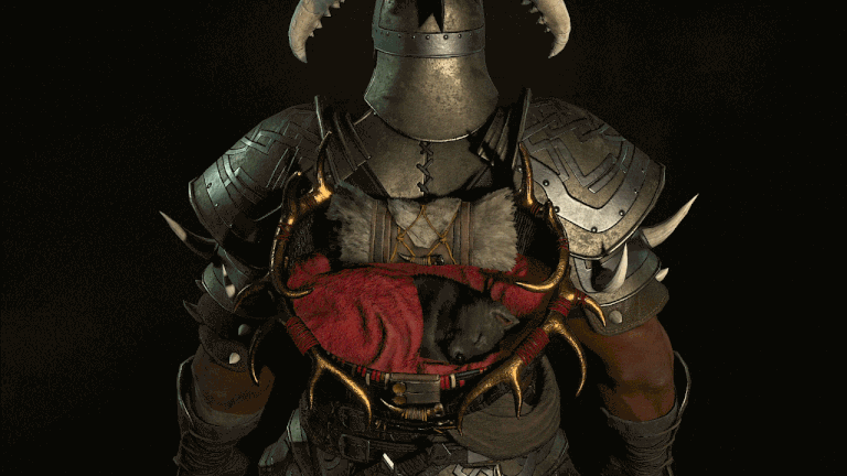 GIF from Diablo 4 featuring a  cute sleeping black wolf cub nestled in a red sling on the back of an armored adventurer.