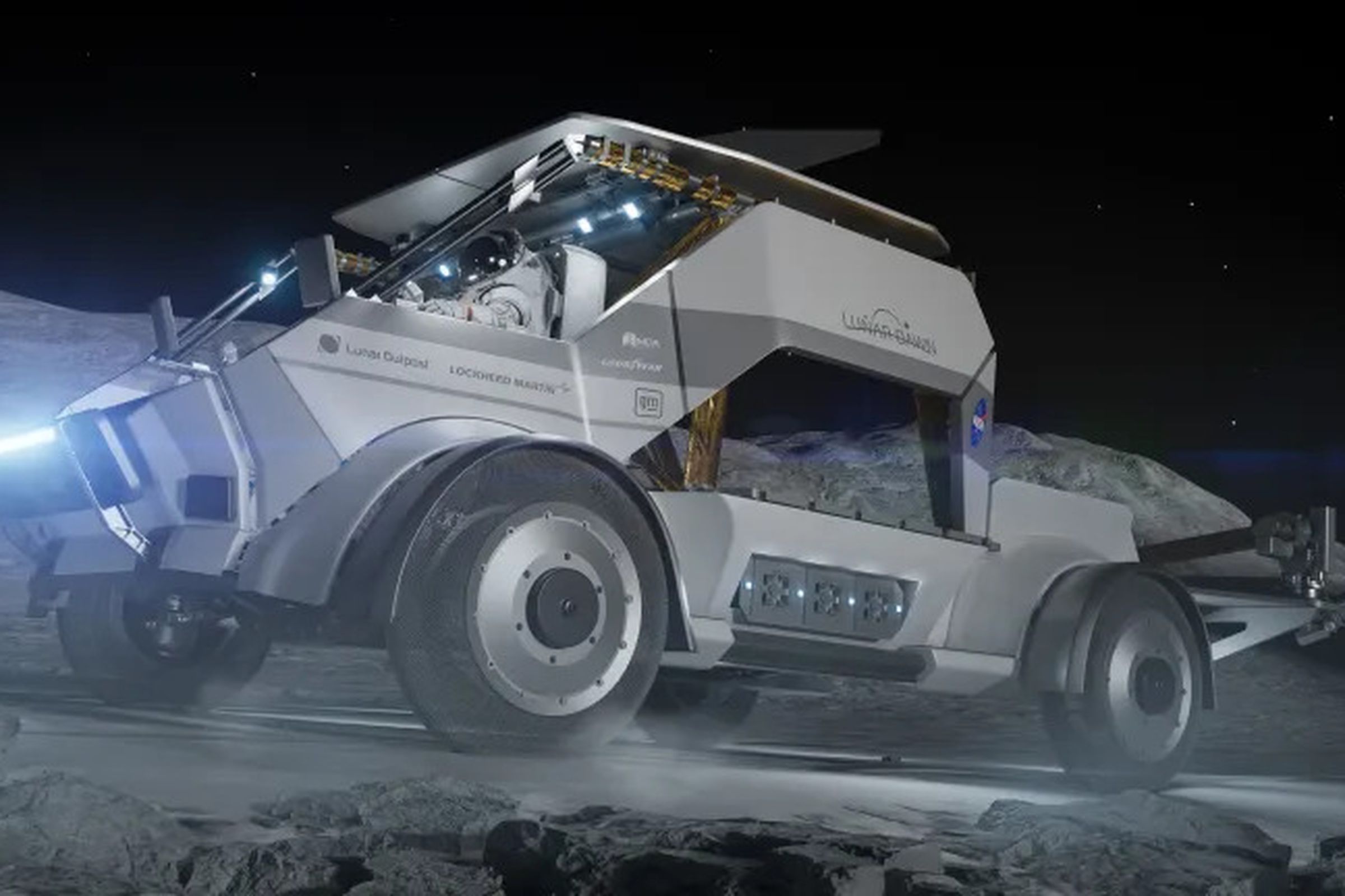 A rendering of a vehicle driving on the moon’s surface.
