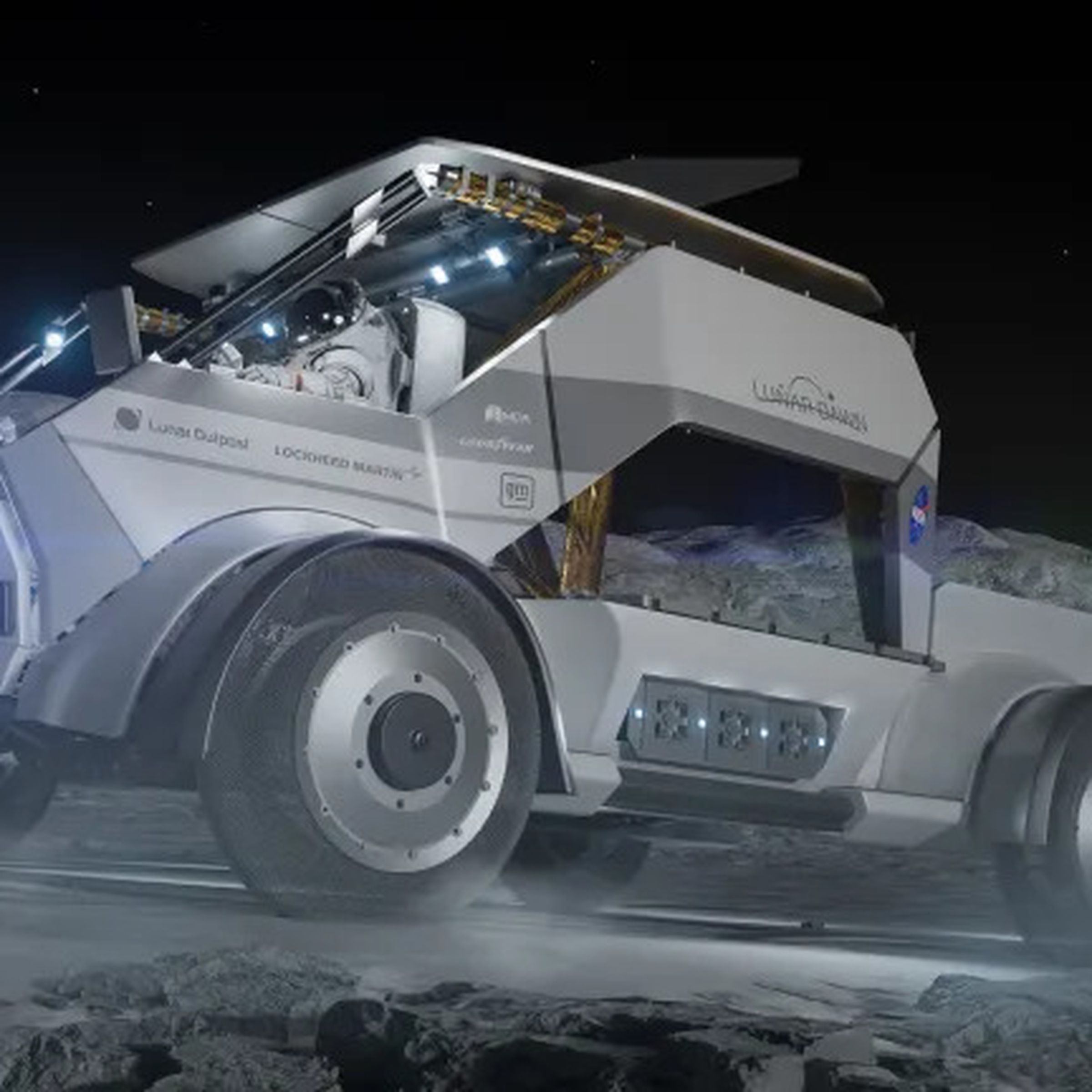 A rendering of a vehicle driving on the moon’s surface.