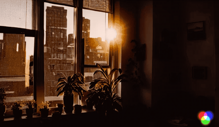 An AI generated video showing sunlight flickering behind a window in an urban apartment.