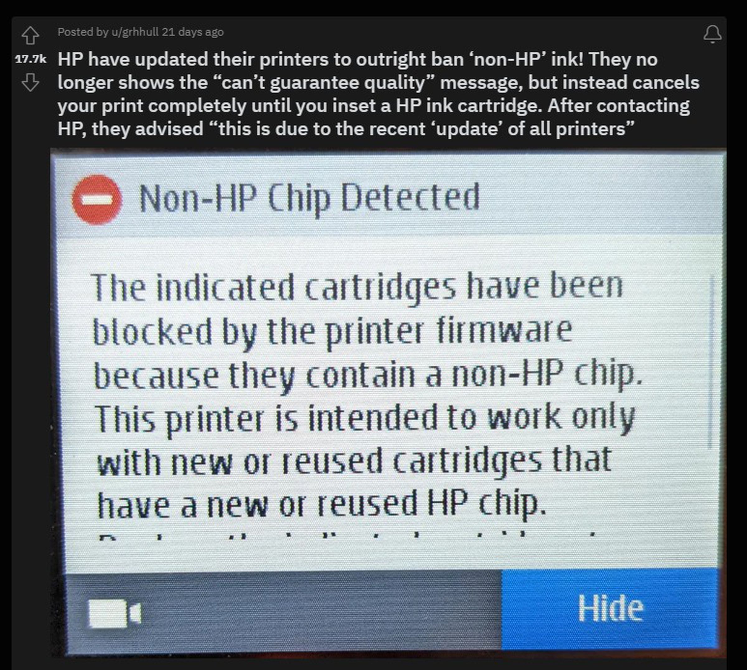 Non-HP Chip Detected, the error message reads.