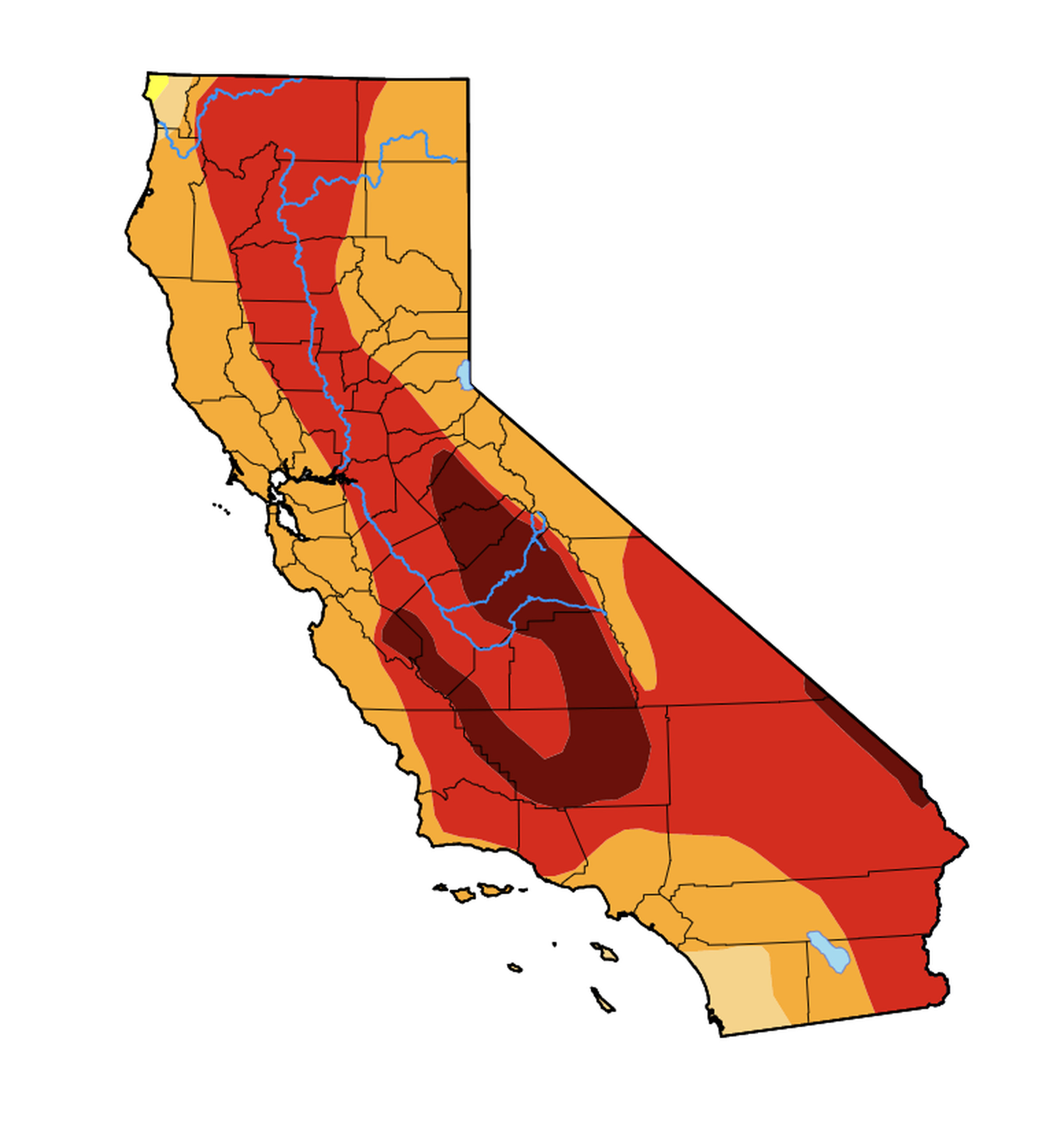 A map of California from the US Drought Monitor that shows how much of the state is experiencing varying levels of drought.