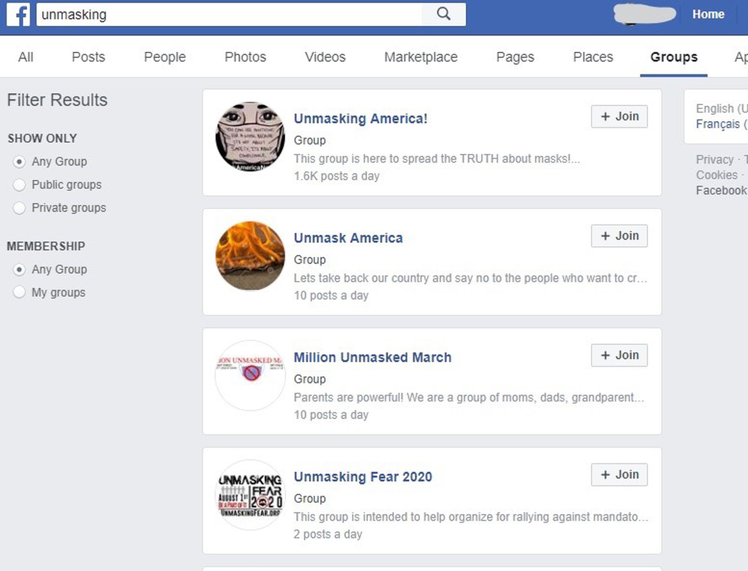 Some of the anti-mask groups on Facebook