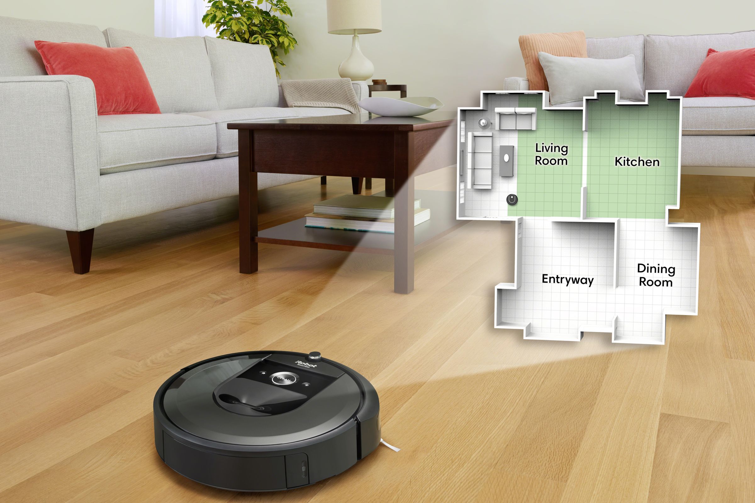 Roomba’s i7+ robovac maps users’ homes to let them customize the cleaning schedule.