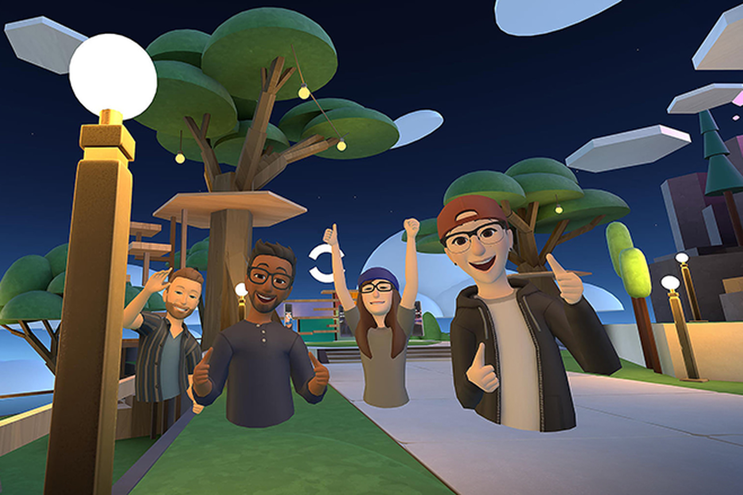 Four legless avatars floating in a virtual park, with arms in celebratory motions.