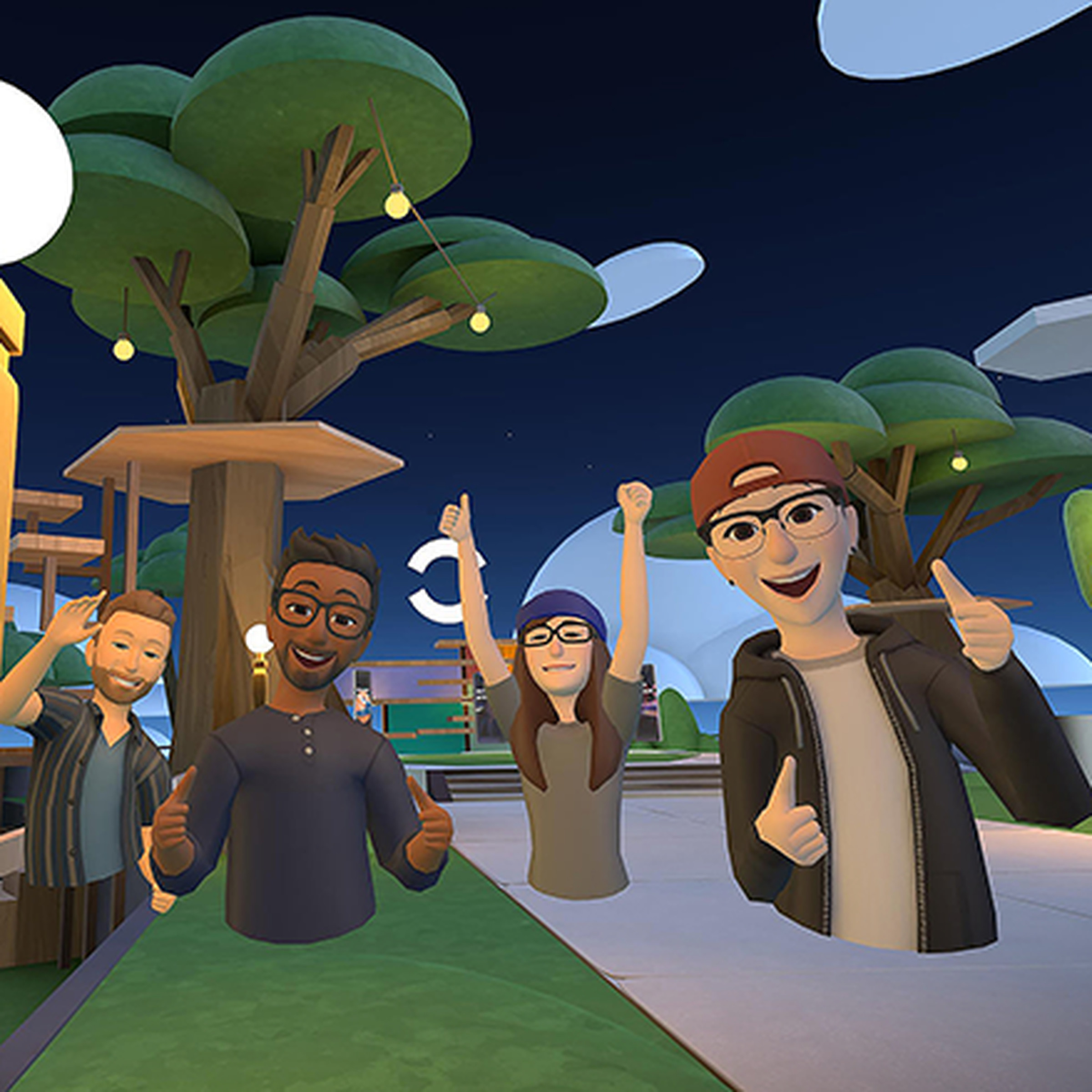 Four legless avatars floating in a virtual park, with arms in celebratory motions.