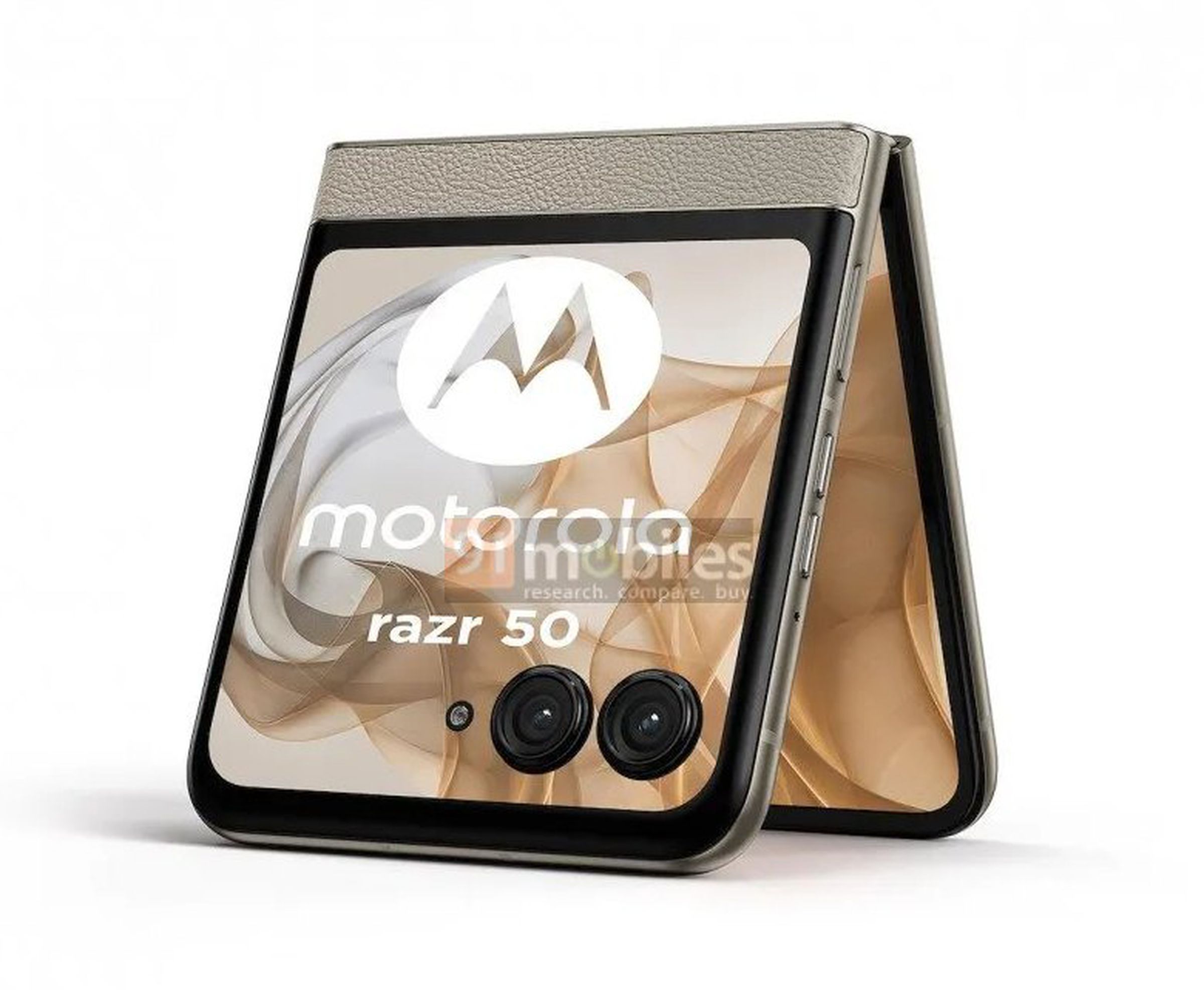 Rendered image of a Motorola Razr 50 5G in “tent mode” showing its external screen.