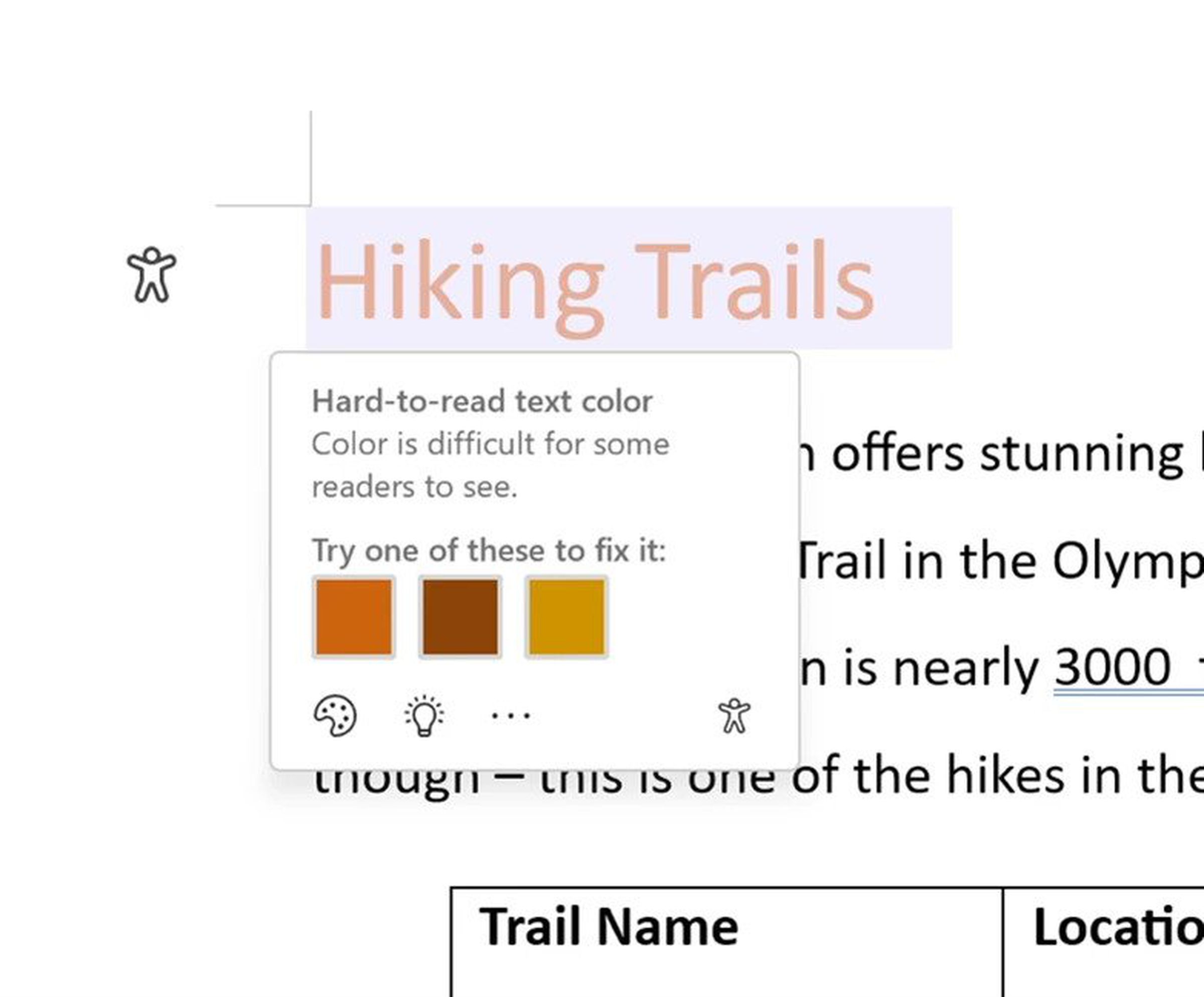 A screengrab of some written text in Microsoft 365. Some words are highlighted and flagged as using a hard-to-read text color.