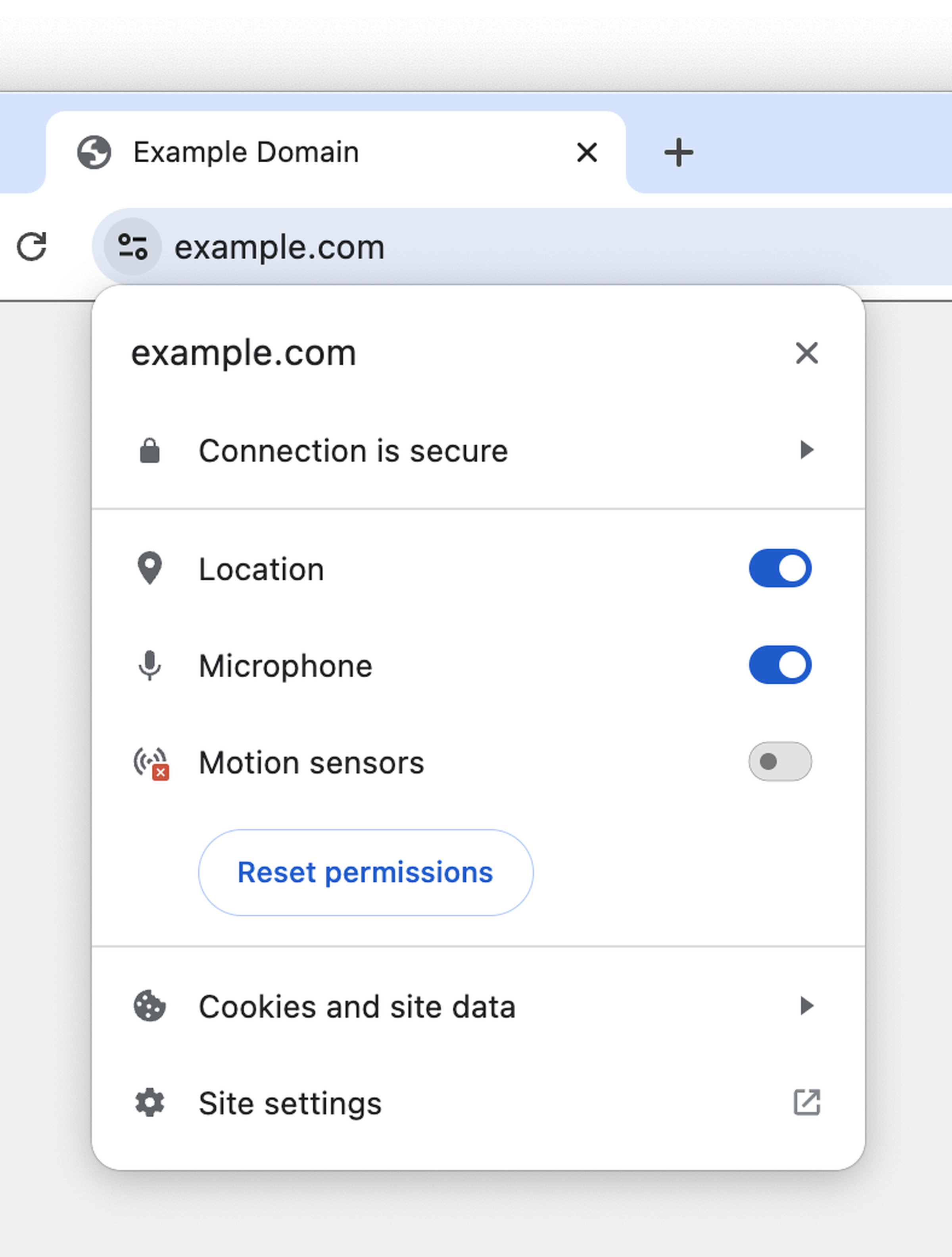 A screenshot taken of Chrome’s site controls