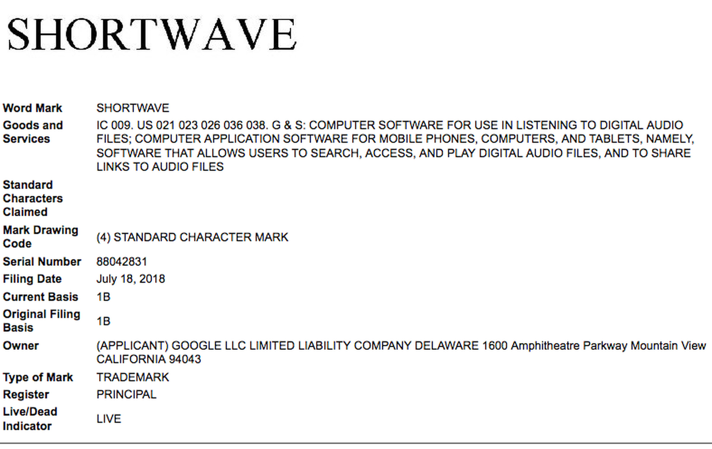 Google’s trademark filing for Shortwave.