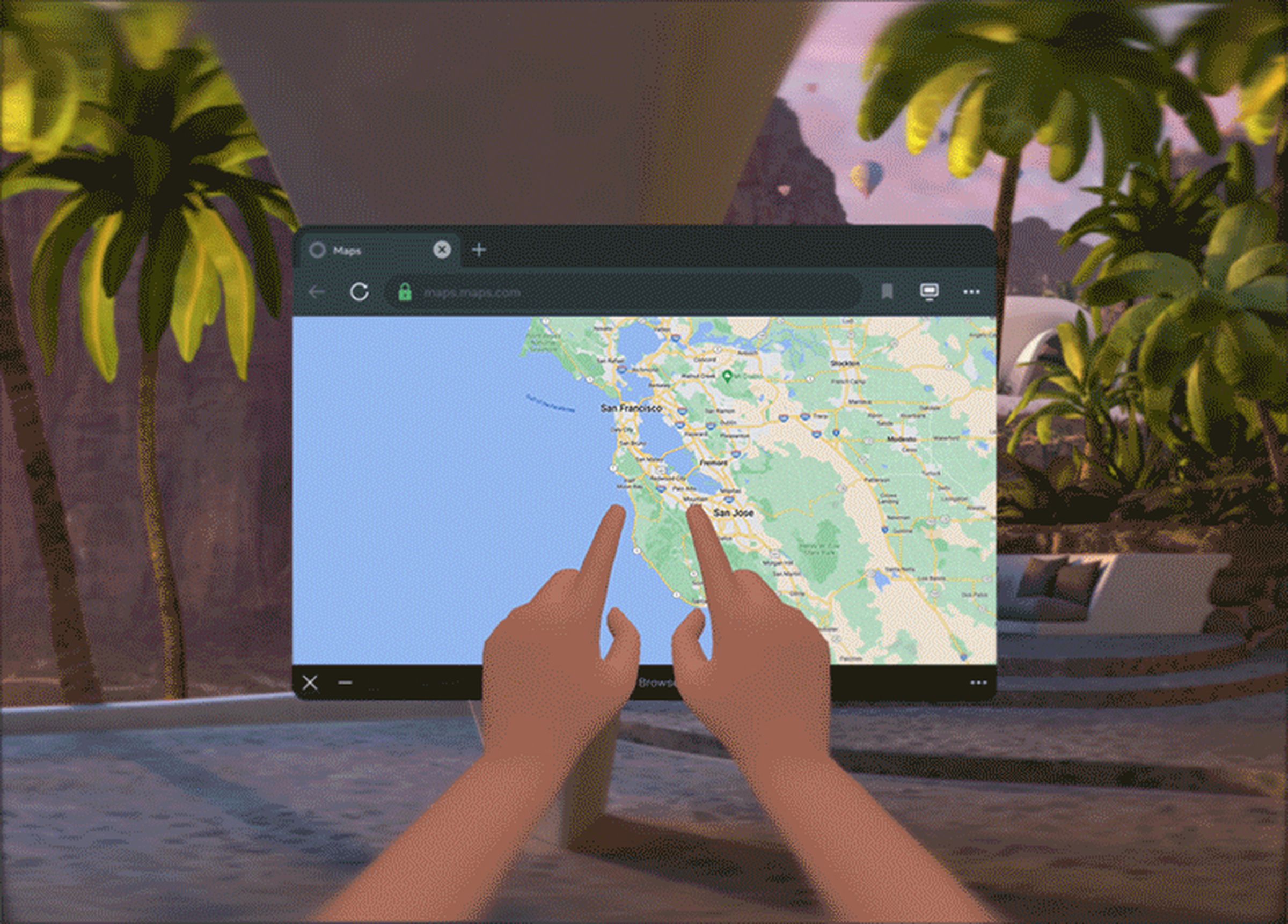 two floating 3d hands in front of a 2D web browser window that has a map.