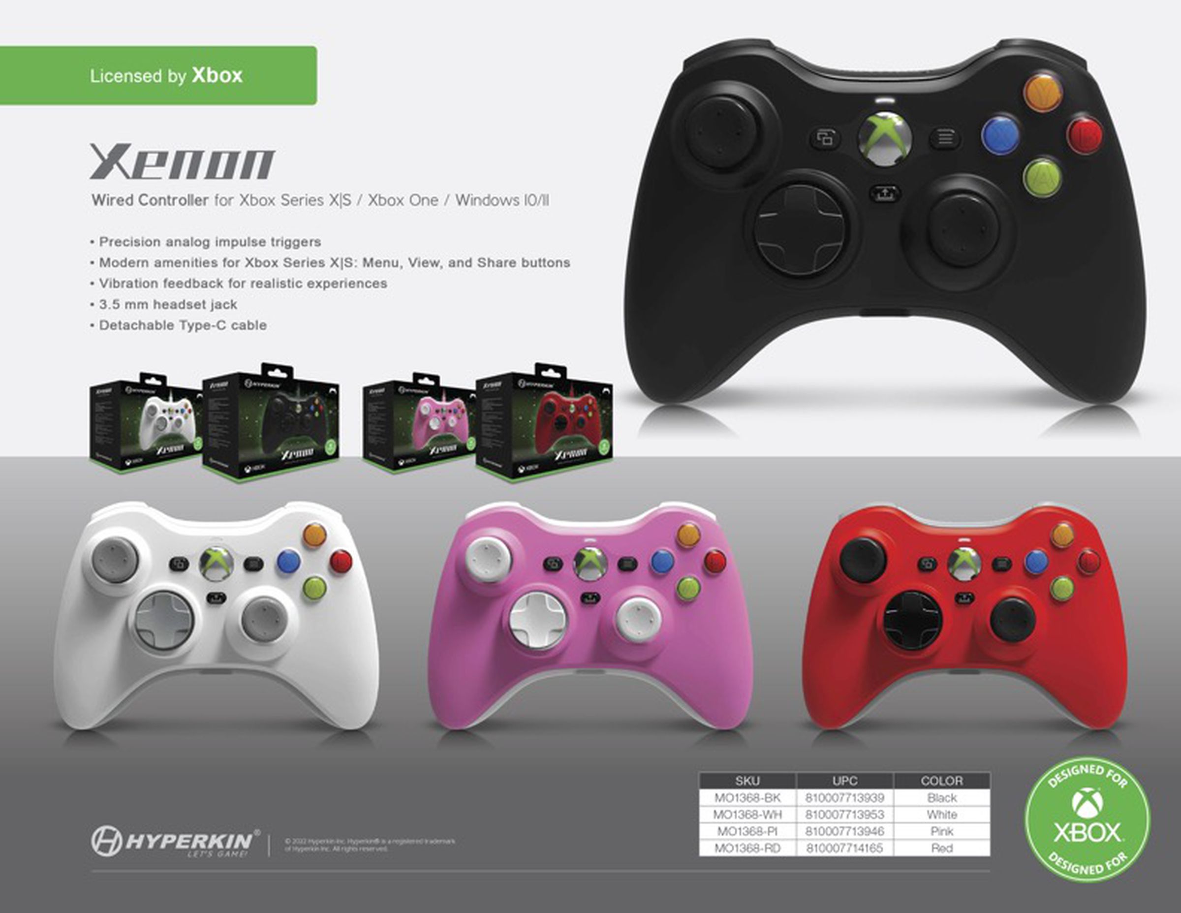 Early product info and colors for the Hyperkin Xenon. Xbox 360 Controller