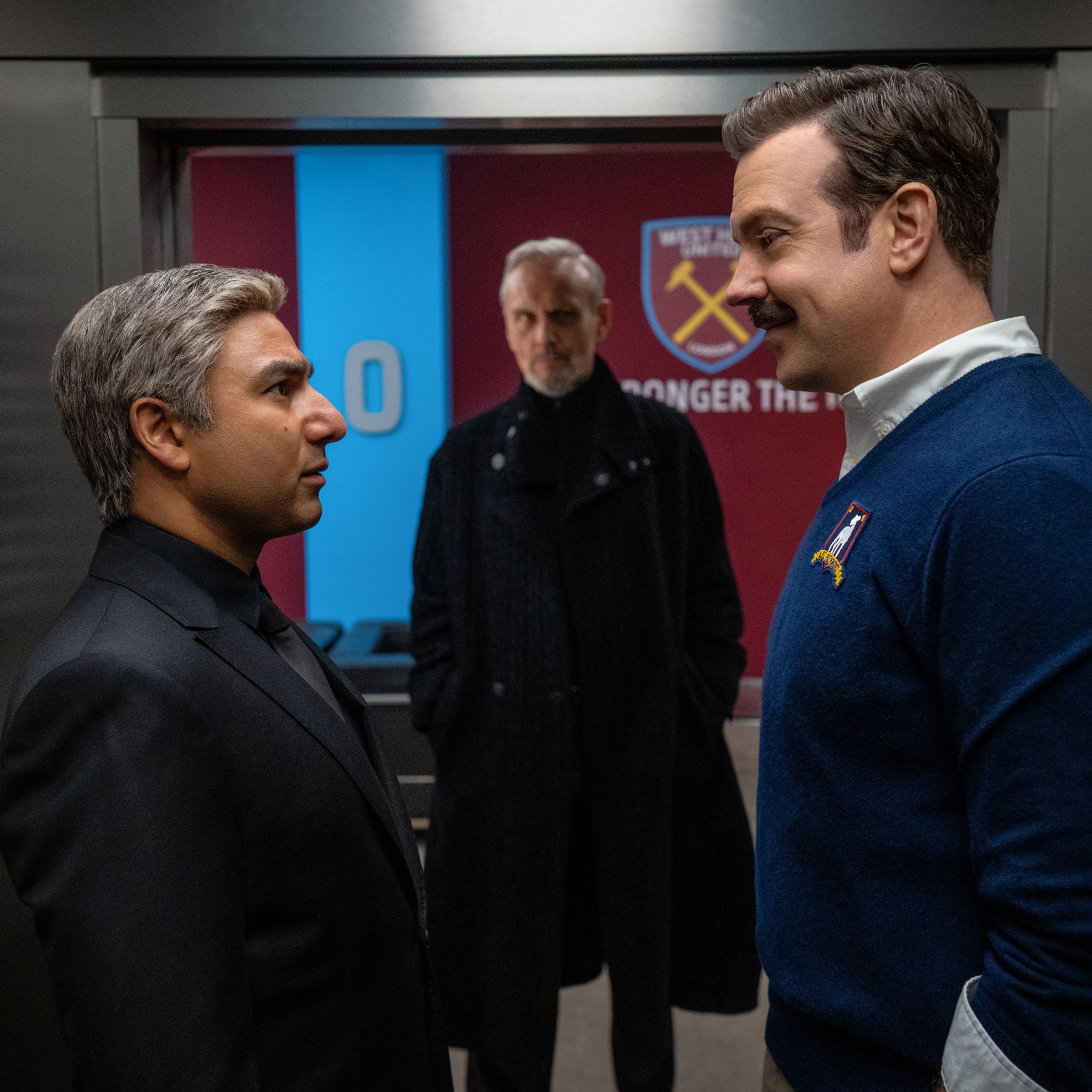 A photo of Nick Mohammed and Jason Sudeikis in season 3 of the Apple TV Plus series Ted Lasso.