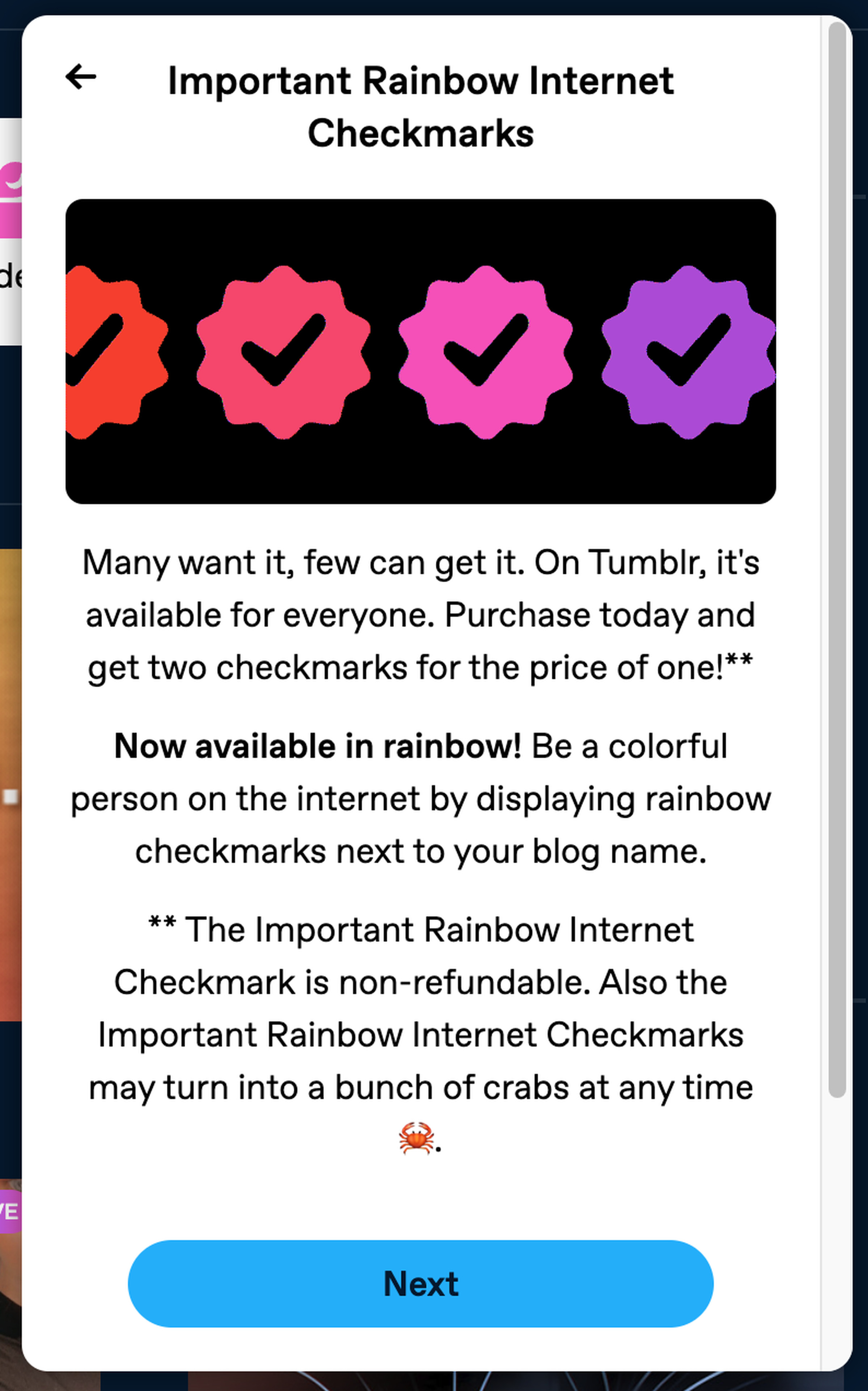 A picture of Tumblr’s ad for “Important Rainbow Internet Checkmarks”