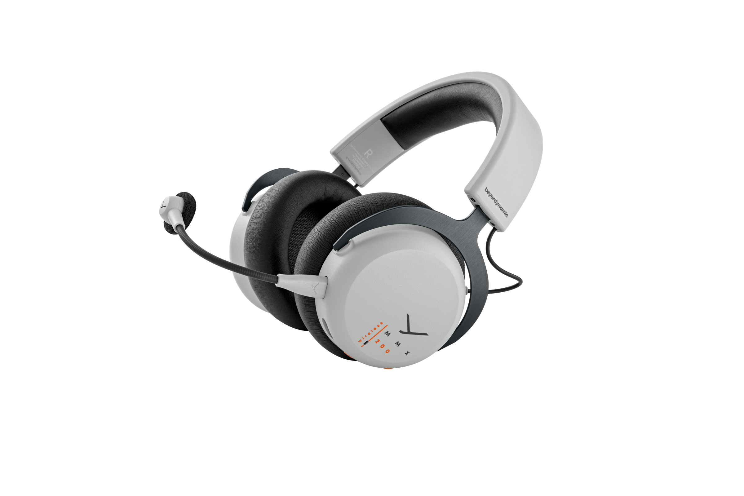 The Beyerdynamic MMX 200 wireless gaming headset in gray on a white background.