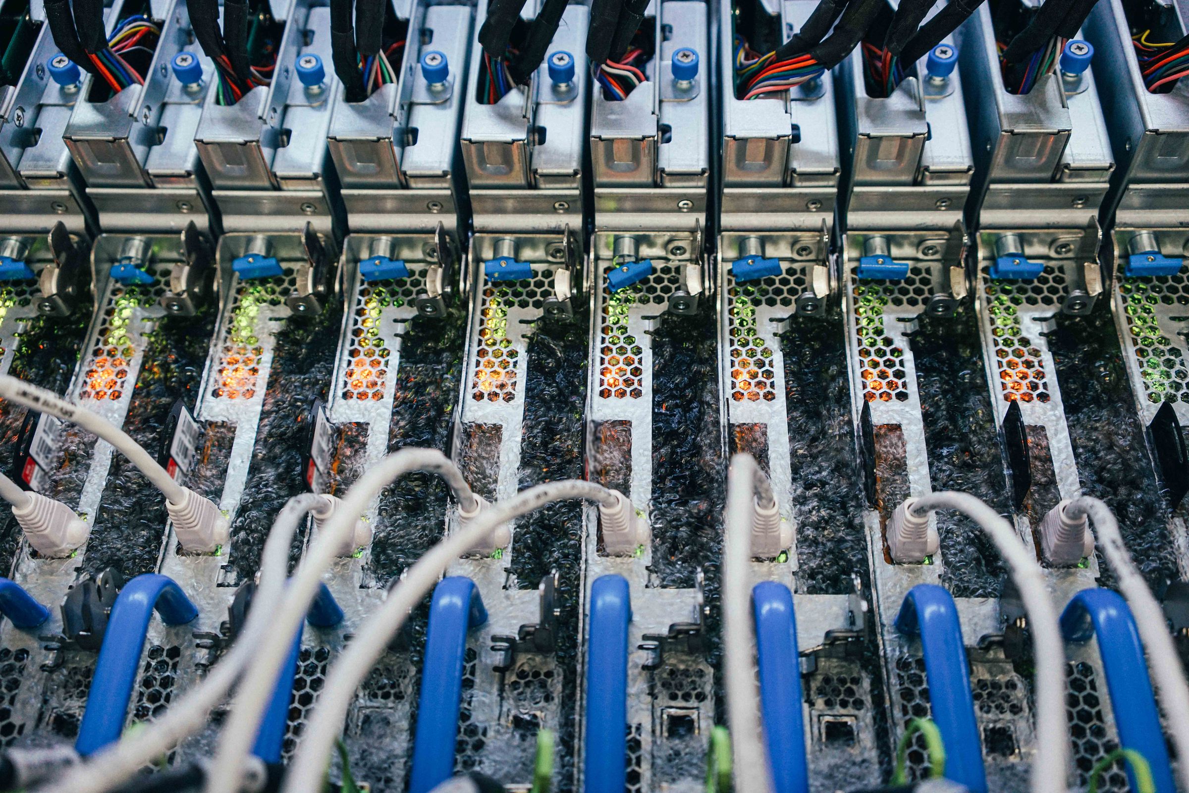 Boiling liquid surrounds servers at a Microsoft data center.