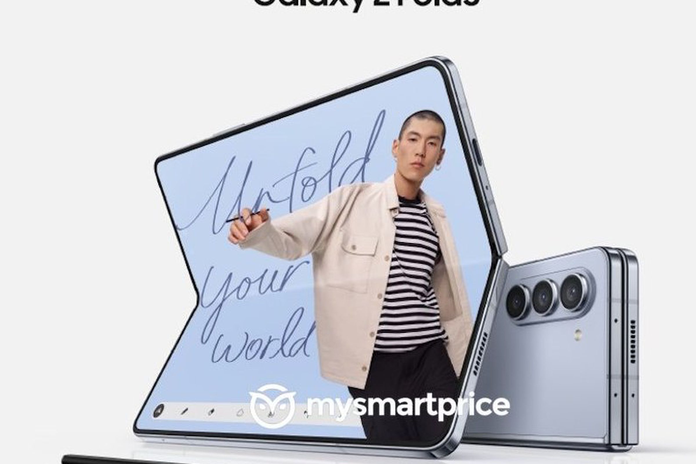 A promotional image showing two phones, one unfolded with its large inner screen exposed showing a model and the words “Unfold your world.”