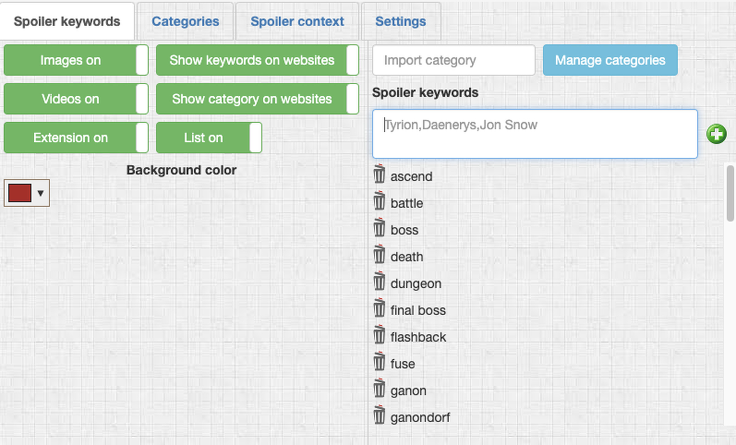 A screenshot of blocked phrases with the Chrome extension Spoiler Protection 2.0.