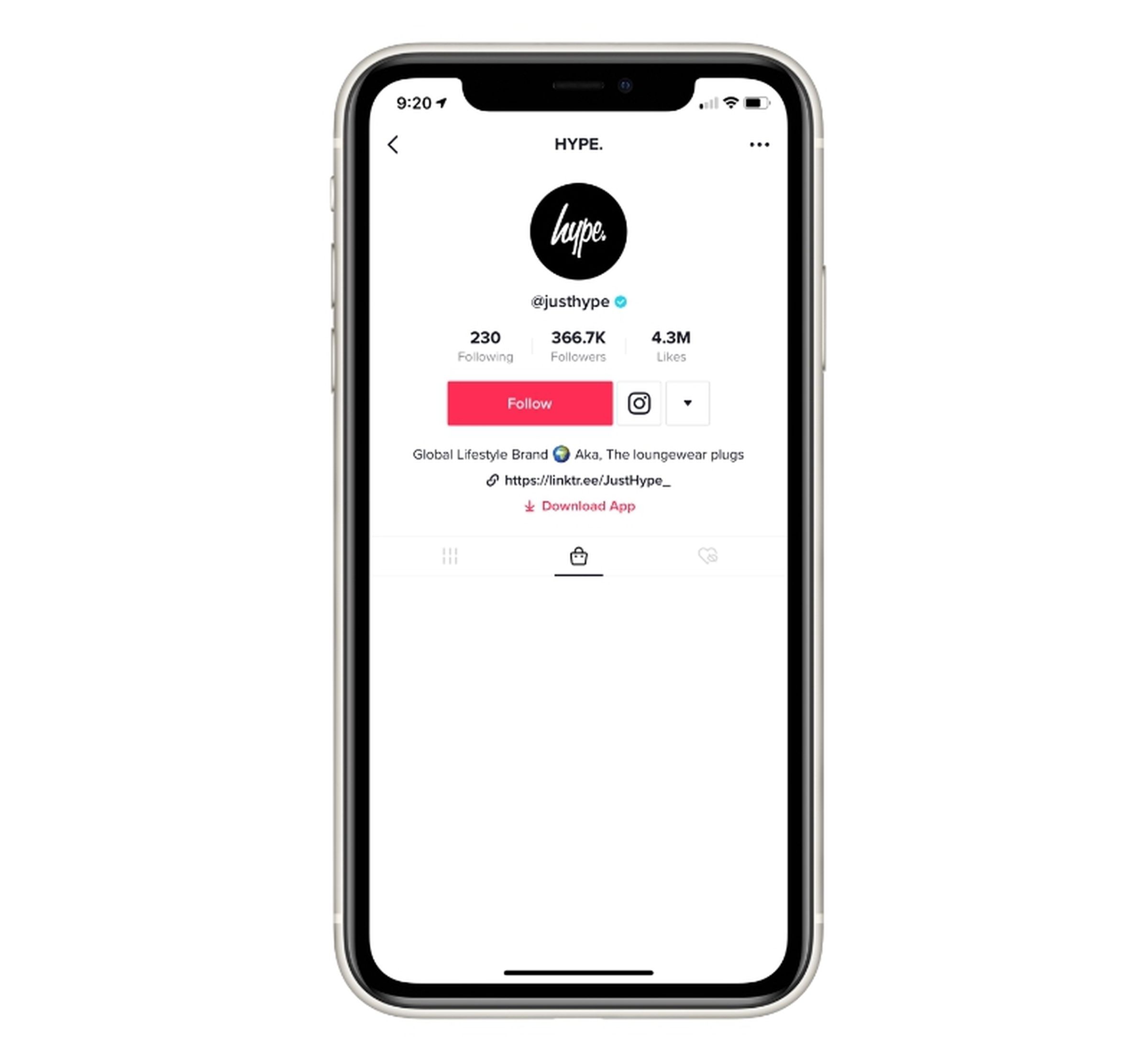 The Hype account page on TikTok shows what looks like a shopping tab.