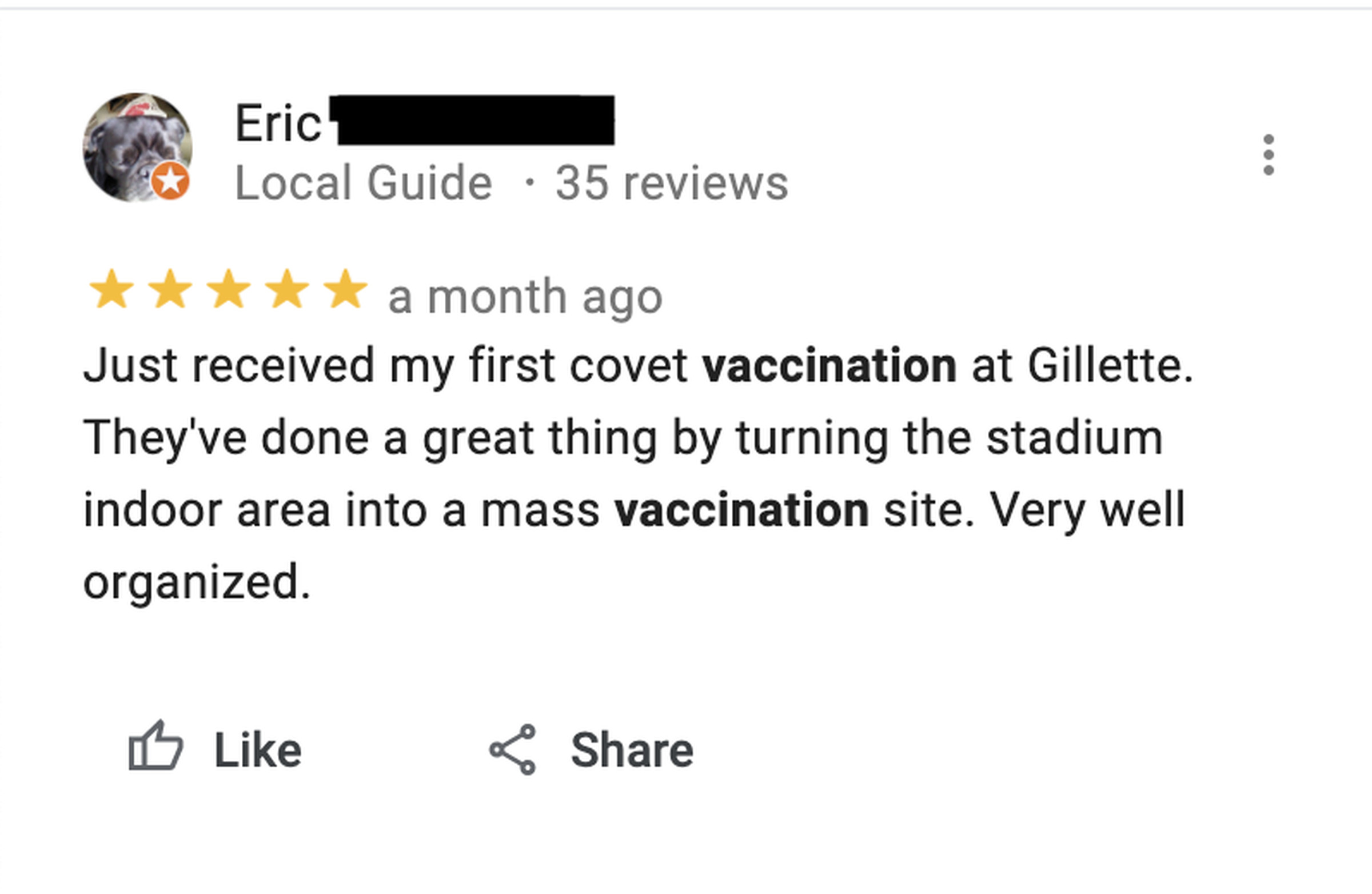 A Google review for Gillette stadium.