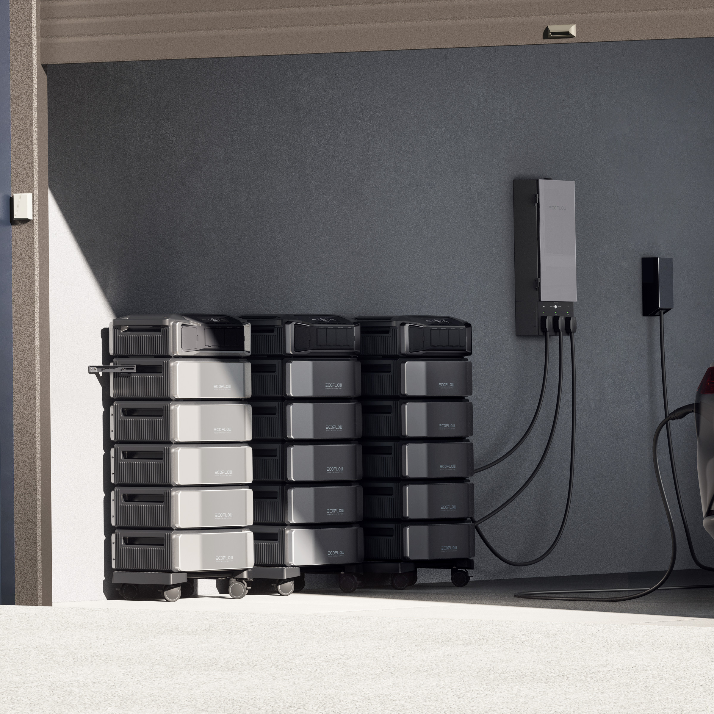A photo of a garage with three inverters and 15 batteries connecting to EcoFlow’s Smart Home Panel 2.